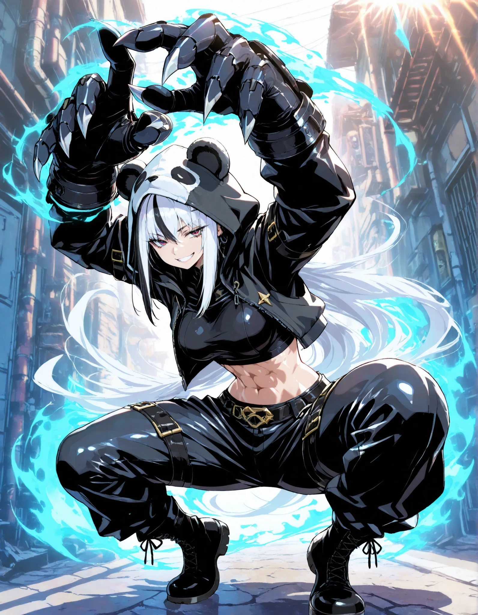 (masterpiece, highest quality), (very detailed, highest quality, official art, beautiful and aesthetic: 1.2) , solo, looking at viewer ,Panda woman, (tall),kung fu pose, Street Fighter ,(giant hands), (claws), black and white clothes,battle, , alley ,Cheers from all around ,Cheers ,face focus ,from side ,grin, sideways glance, half closed eyes, White fur, baggy black coat, curvy, medium breasts , very long hair, multicolored hair, Black and White hair,arm belt, leg belt, elbow gloves, fighting stance, abs, shiny skin, costume, Tight leather pants, Deep hood, boots, (muscular:0.9), (colorful), Dynamic Pose ,Rugged Gauntlets, (contrast), (fisheye lens:1.1), Shiny Skin, ambient light, sunlight, shadow, Hold up your finger, (((black shirt hoodie shirt: 1.3)))