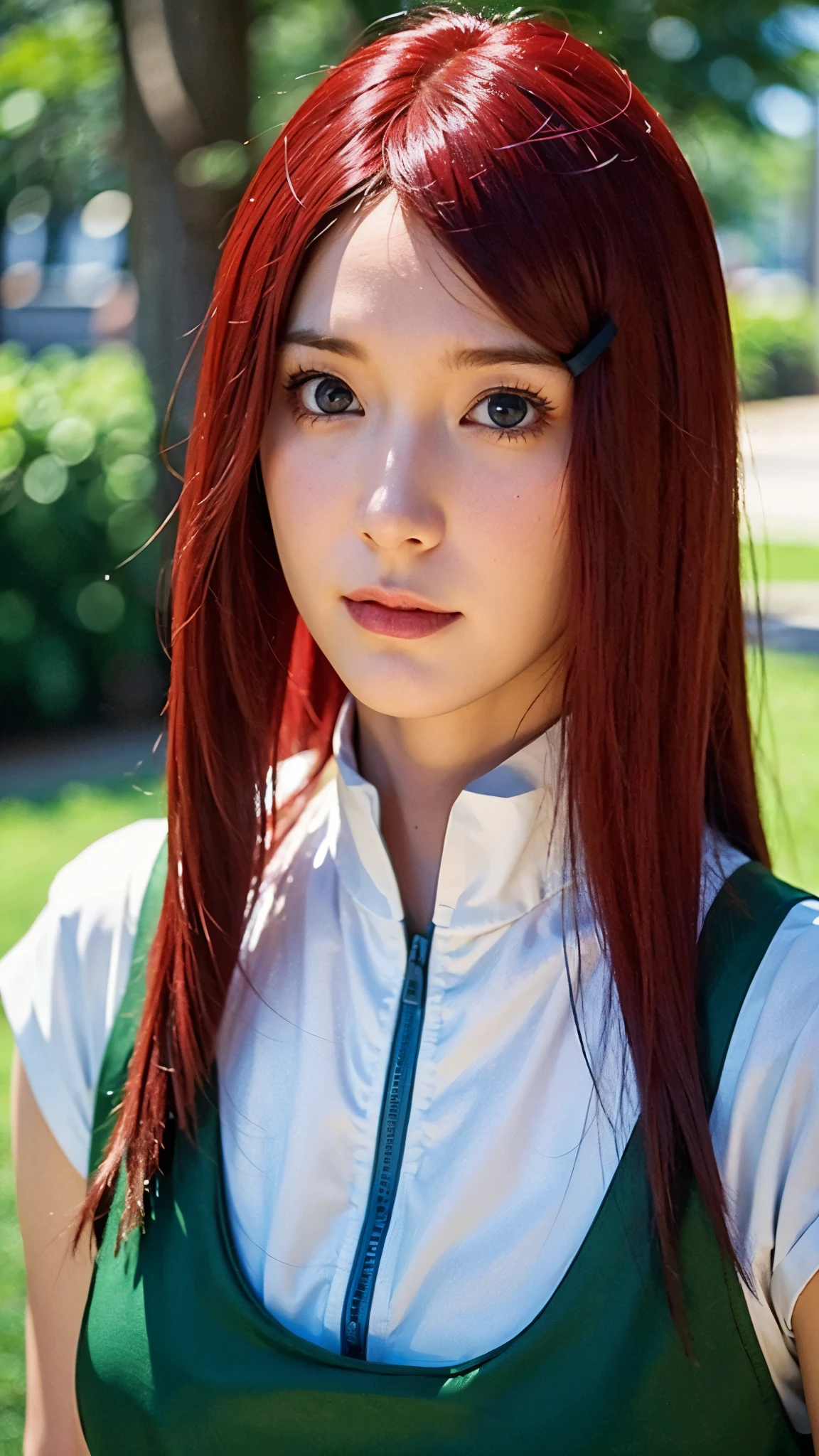 Uzumaki Kushina from Naruto Shippuden, half-body portrait, long bright red hair flowing naturally, warm and confident expression, wearing her classic Konoha outfit — a white blouse with a green apron-style dress, detailed facial features, realistic skin texture, soft natural lighting, HD quality, ultra-realistic, highly detailed, cinematic look, anime character brought to life in realistic style, sharp focus, studio-quality portrait