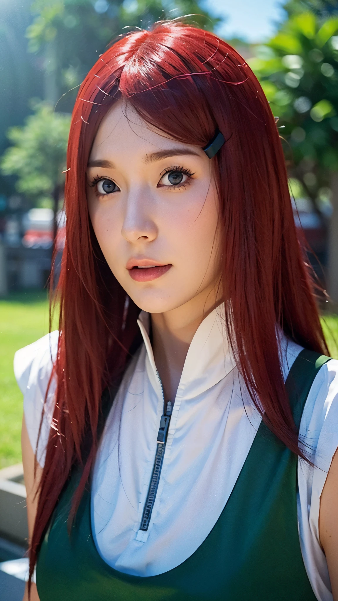 Uzumaki Kushina from Naruto Shippuden, half-body portrait, long bright red hair flowing naturally, warm and confident expression, wearing her classic Konoha outfit — a white blouse with a green apron-style dress, detailed facial features, realistic skin texture, soft natural lighting, HD quality, ultra-realistic, highly detailed, cinematic look, anime character brought to life in realistic style, sharp focus, studio-quality portrait