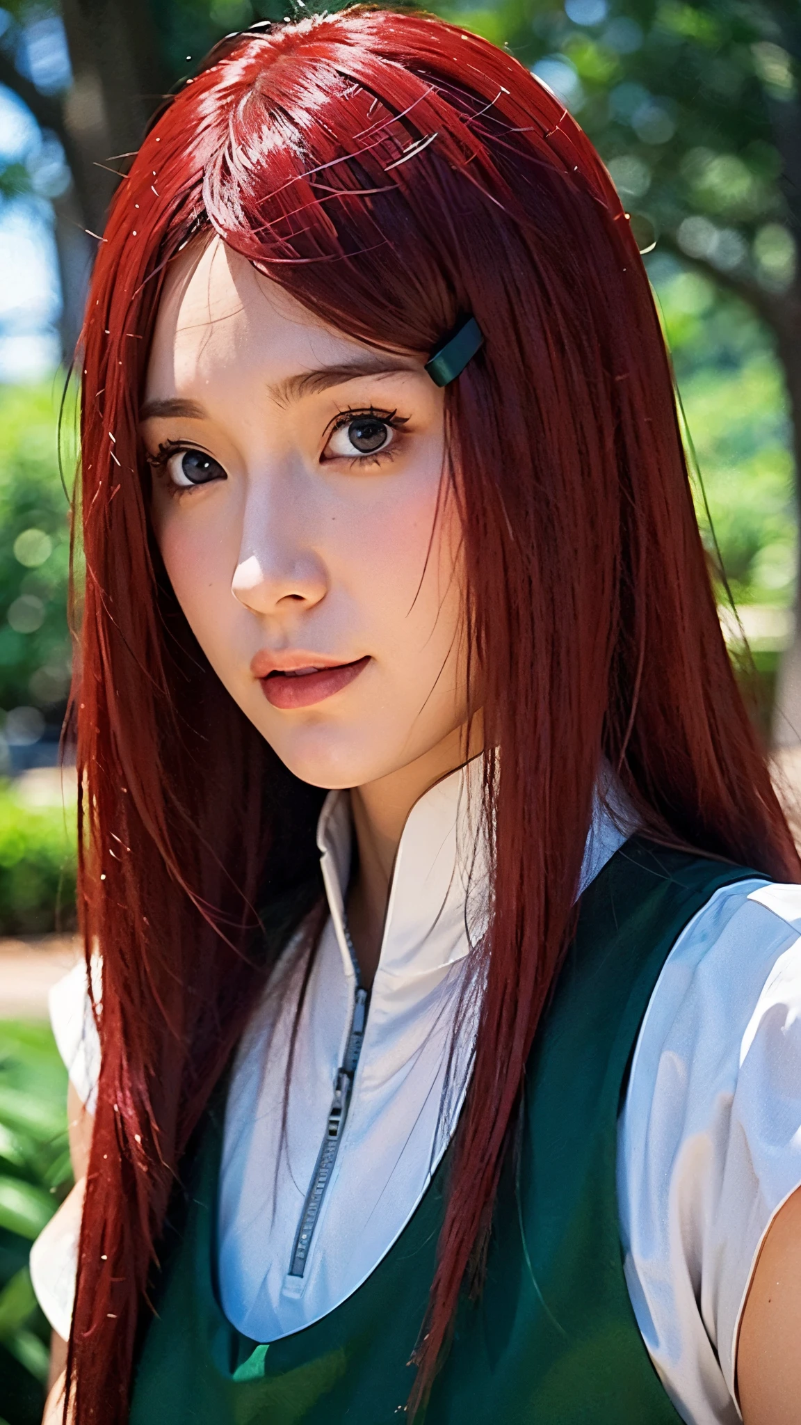 Uzumaki Kushina from Naruto Shippuden, half-body portrait, long bright red hair flowing naturally, warm and confident expression, wearing her classic Konoha outfit — a white blouse with a green apron-style dress, detailed facial features, realistic skin texture, soft natural lighting, HD quality, ultra-realistic, highly detailed, cinematic look, anime character brought to life in realistic style, sharp focus, studio-quality portrait