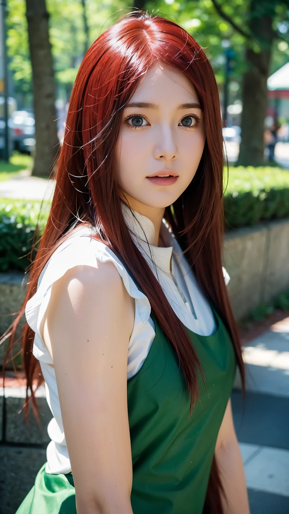 Uzumaki Kushina from Naruto Shippuden, half-body portrait, long bright red hair flowing naturally, warm and confident expression, wearing her classic Konoha outfit — a white blouse with a green apron-style dress, detailed facial features, realistic skin texture, soft natural lighting, HD quality, ultra-realistic, highly detailed, cinematic look, anime character brought to life in realistic style, sharp focus, studio-quality portrait