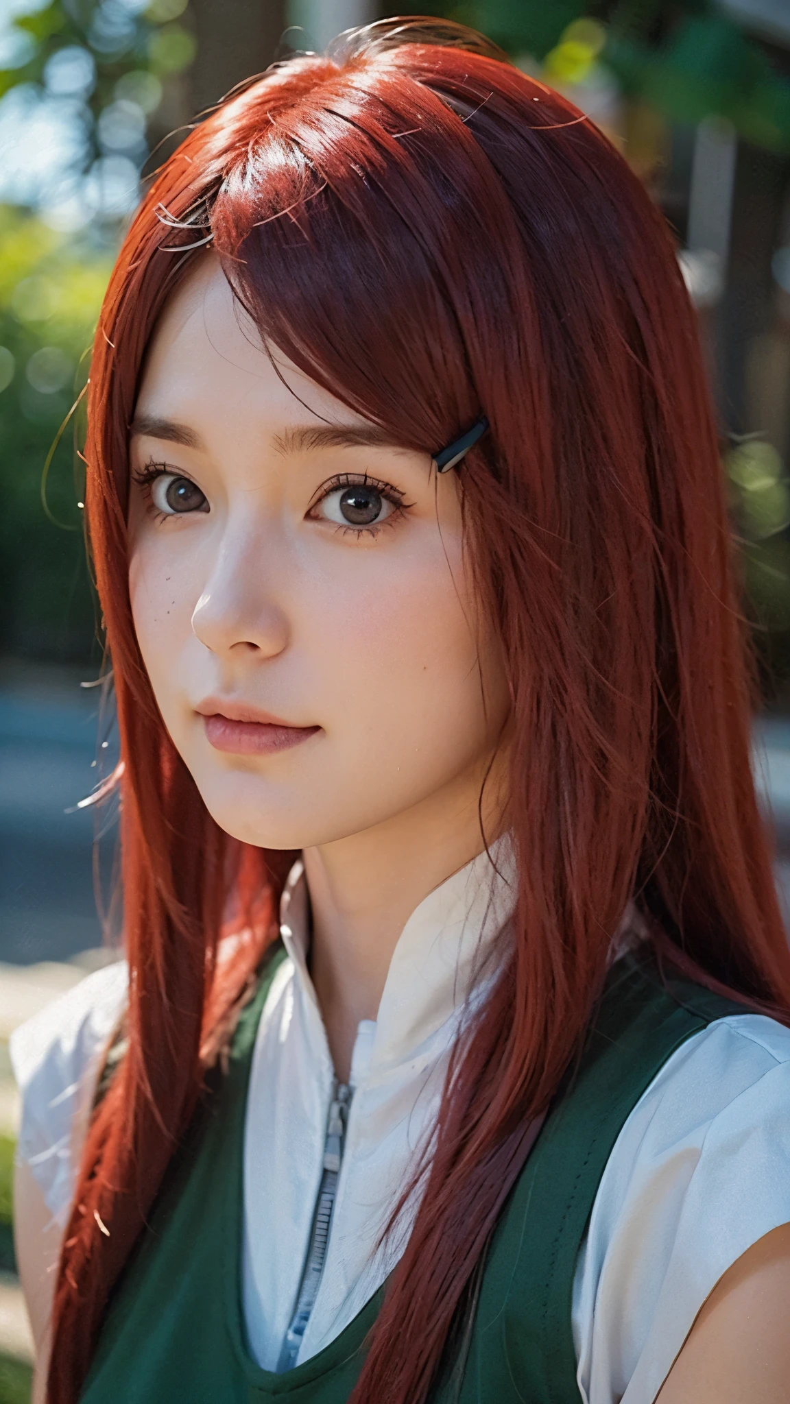 Uzumaki Kushina from Naruto Shippuden, half-body portrait, long bright red hair flowing naturally, warm and confident expression, wearing her classic Konoha outfit — a white blouse with a green apron-style dress, detailed facial features, realistic skin texture, soft natural lighting, HD quality, ultra-realistic, highly detailed, cinematic look, anime character brought to life in realistic style, sharp focus, studio-quality portrait