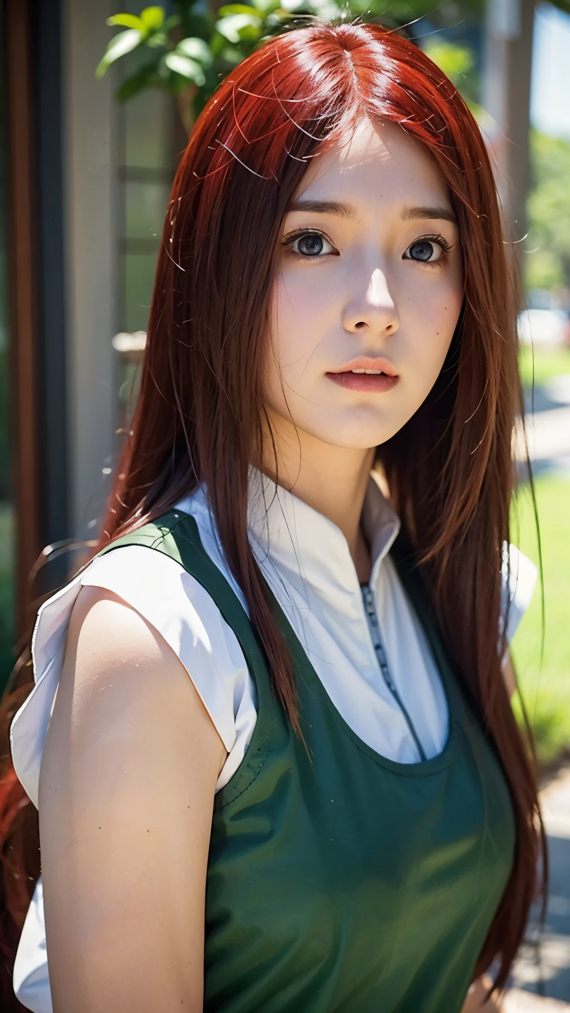 Uzumaki Kushina from Naruto Shippuden, half-body portrait, long bright red hair flowing naturally, warm and confident expression, wearing her classic Konoha outfit — a white blouse with a green apron-style dress, detailed facial features, realistic skin texture, soft natural lighting, HD quality, ultra-realistic, highly detailed, cinematic look, anime character brought to life in realistic style, sharp focus, studio-quality portrait