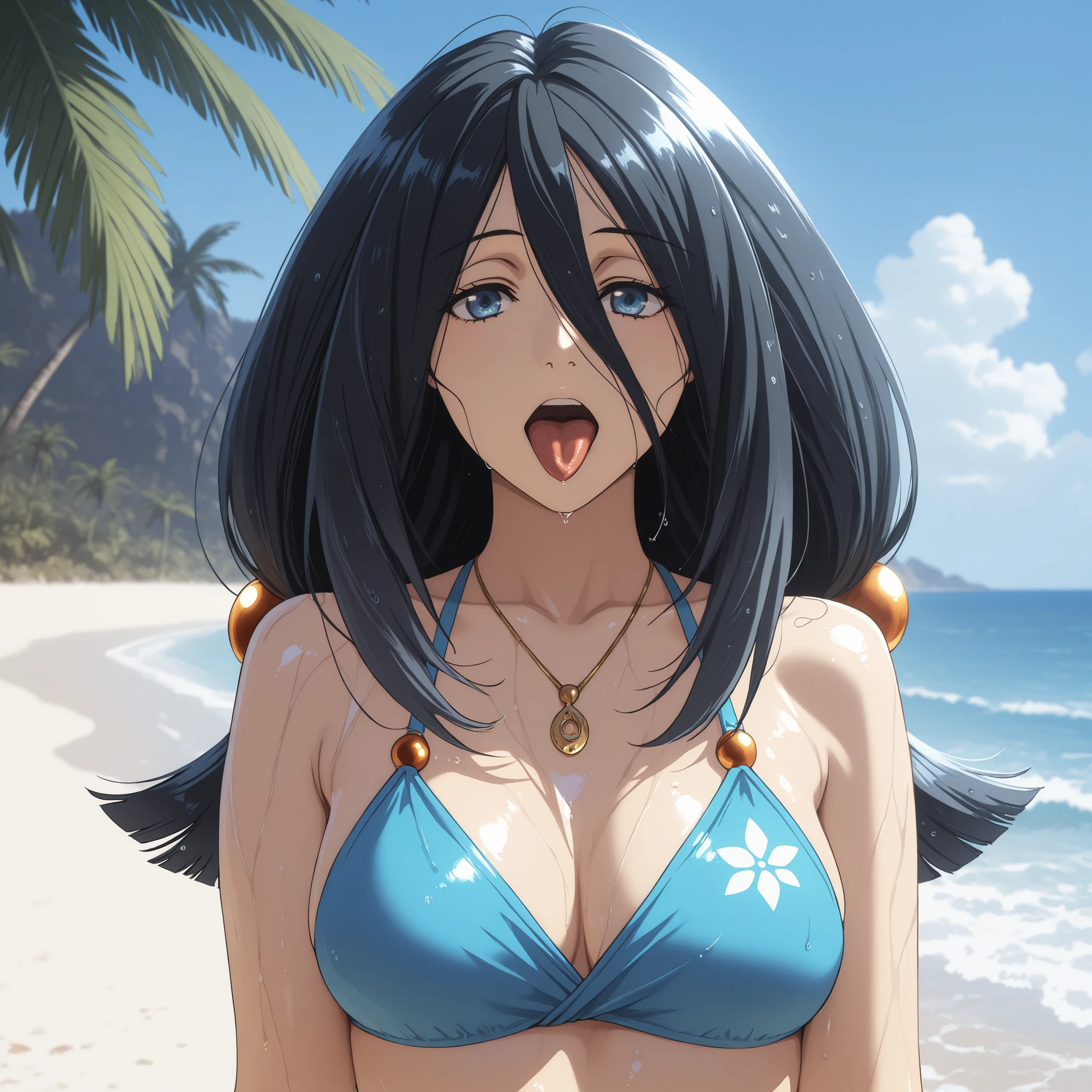 Shildina, blue eyes, black hair, a hair ornament, strands falling over her eyes, slender figure, and a generous bust. Fair skin. She wears a two-tone yellow and blue bikini, bracelets, and a small necklace. She strolls along a beautiful, paradisiacal beach with white sand and blue skies, with waves and palm trees in the background. Wet skin. Highly detailed anime illustration, vibrant lighting, and smooth skin. She sticks out her tongue. She makes the peace sign.
