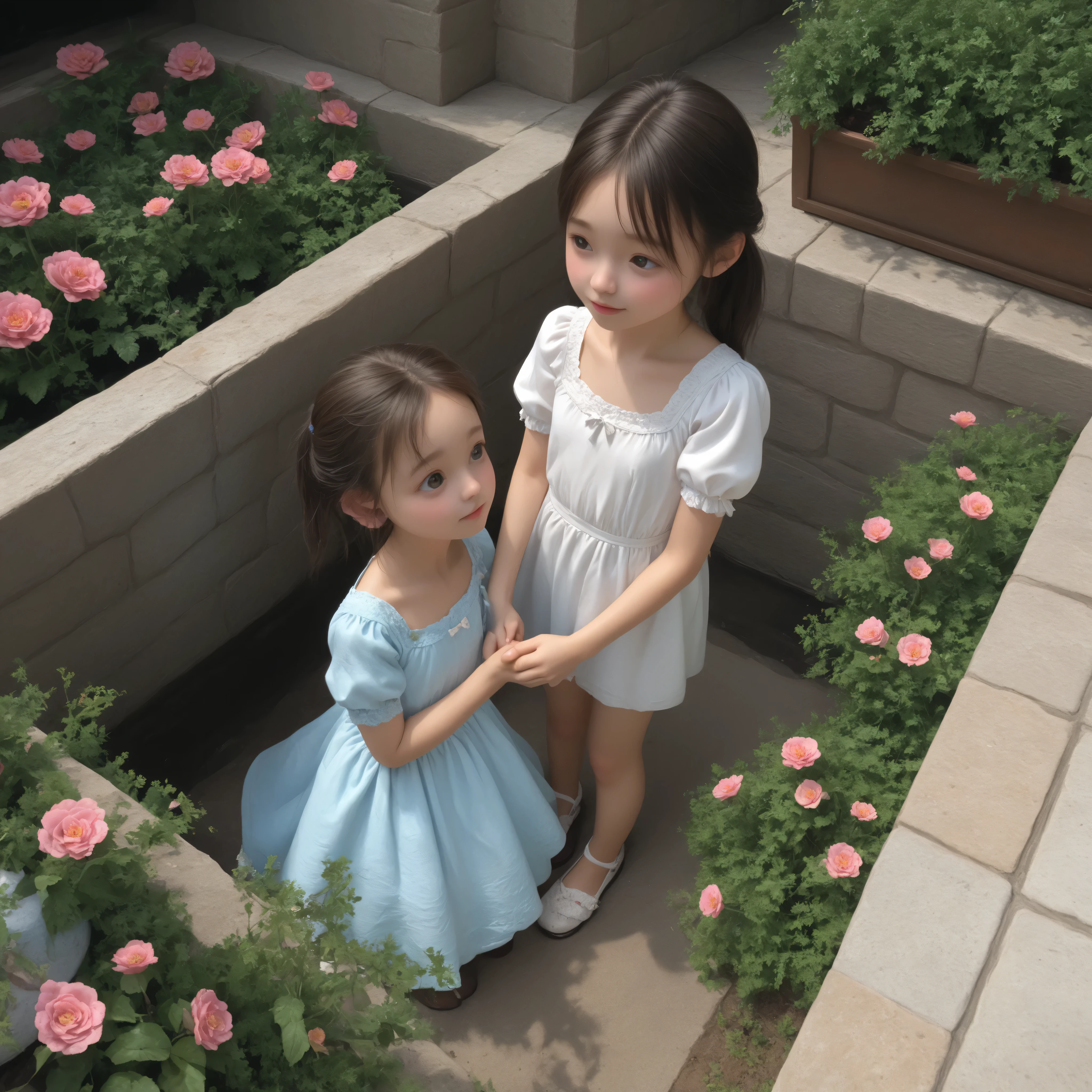 1 Girl、maids,Look at the audience,(skinny:0.41),(younger:1.49),from above,lean forward,(big boobs:0.72),is watering flowers outside the mansion,japanese,(Smile Yang with her hair wrapped around her neck:0.19),My left hand is touching my crotch