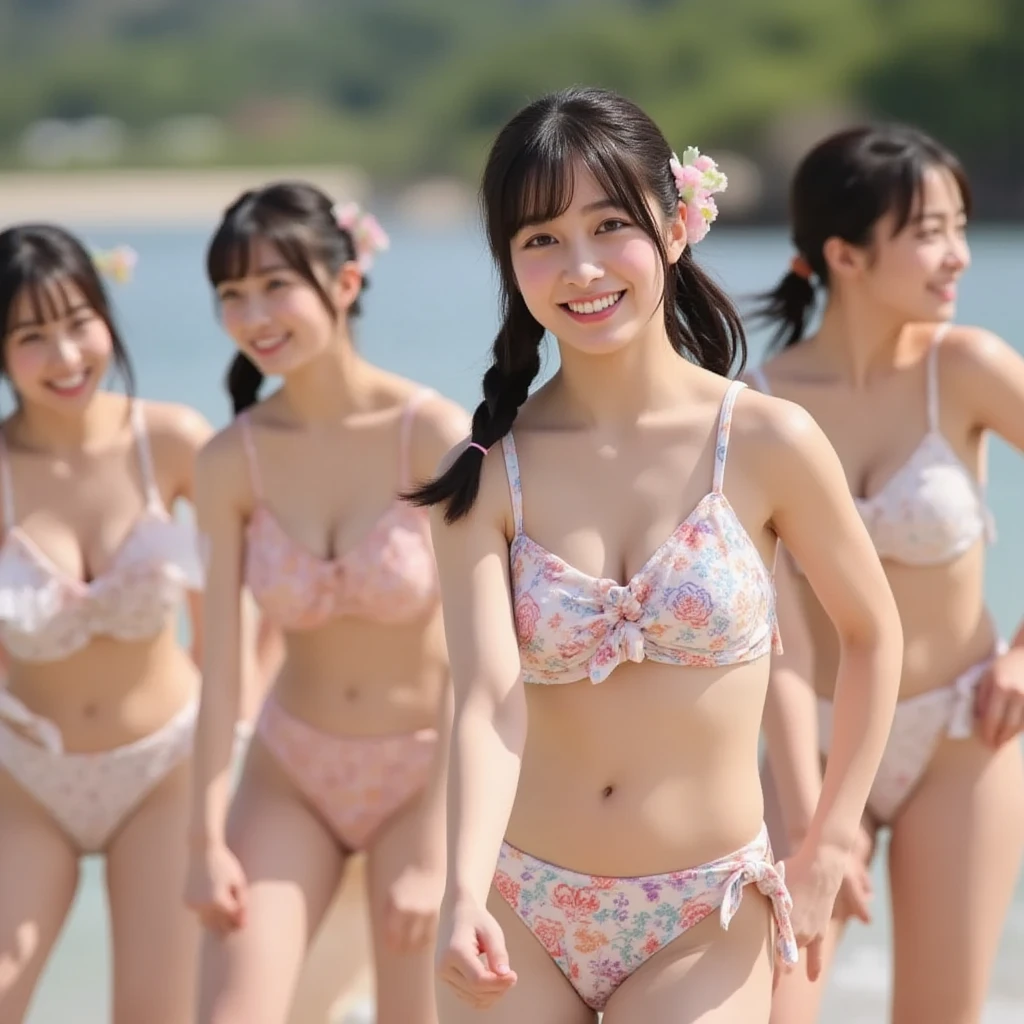 (((barefoot short-torsoed Japanese girls dancing on mud beach))), natural front lighting, ultra sharp focus,bright blonde braided twin hair, (((light silky pale white skin color))),blue large eyes with long eyelashes and double eyelids, dynamic angle,red lip,smile, (????????????), (full body shot:2), (((wearing ???? bridal ?????????))), waving long arms, (slender waist),(thin long legs)