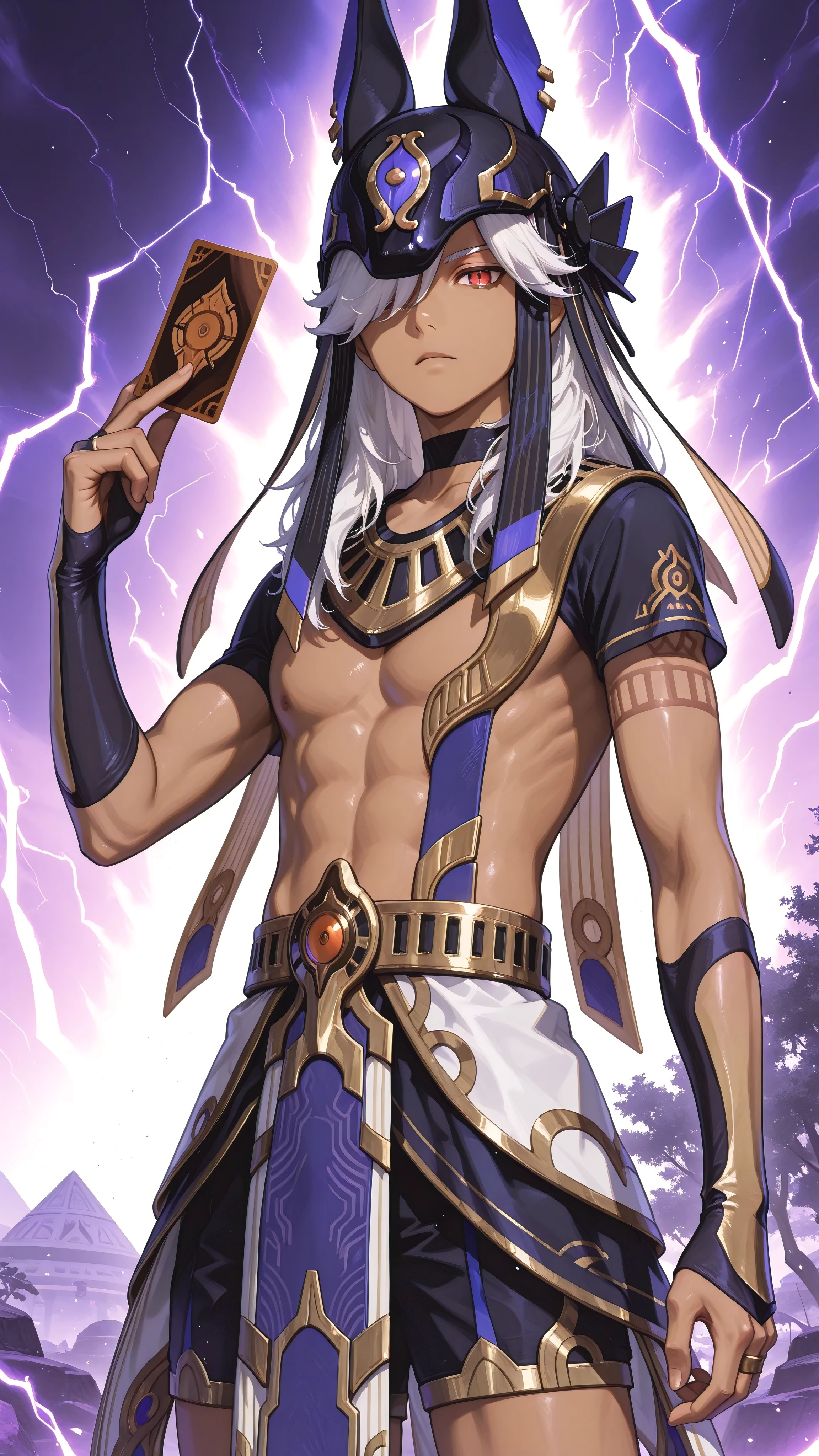 masterpiece, best quality
cyno, 1boy, male focus, solo, dark-skinned male, dark skin, white hair, hair over one eye, long hair, red eyes, egyptian clothes, hat, animal hat, jackal ears, black headwear, jewelry, usekh collar, gold trim, chocker, black chocker, tattoo, arm tattoo, crop top, shirt, black shirt, short sleeves, bridal gauntlets, holding, holding card, hand up, card, shorts, black shorts, pelvic curtain, looking at viewer, outdoor, lightning, purple lightstorm,
