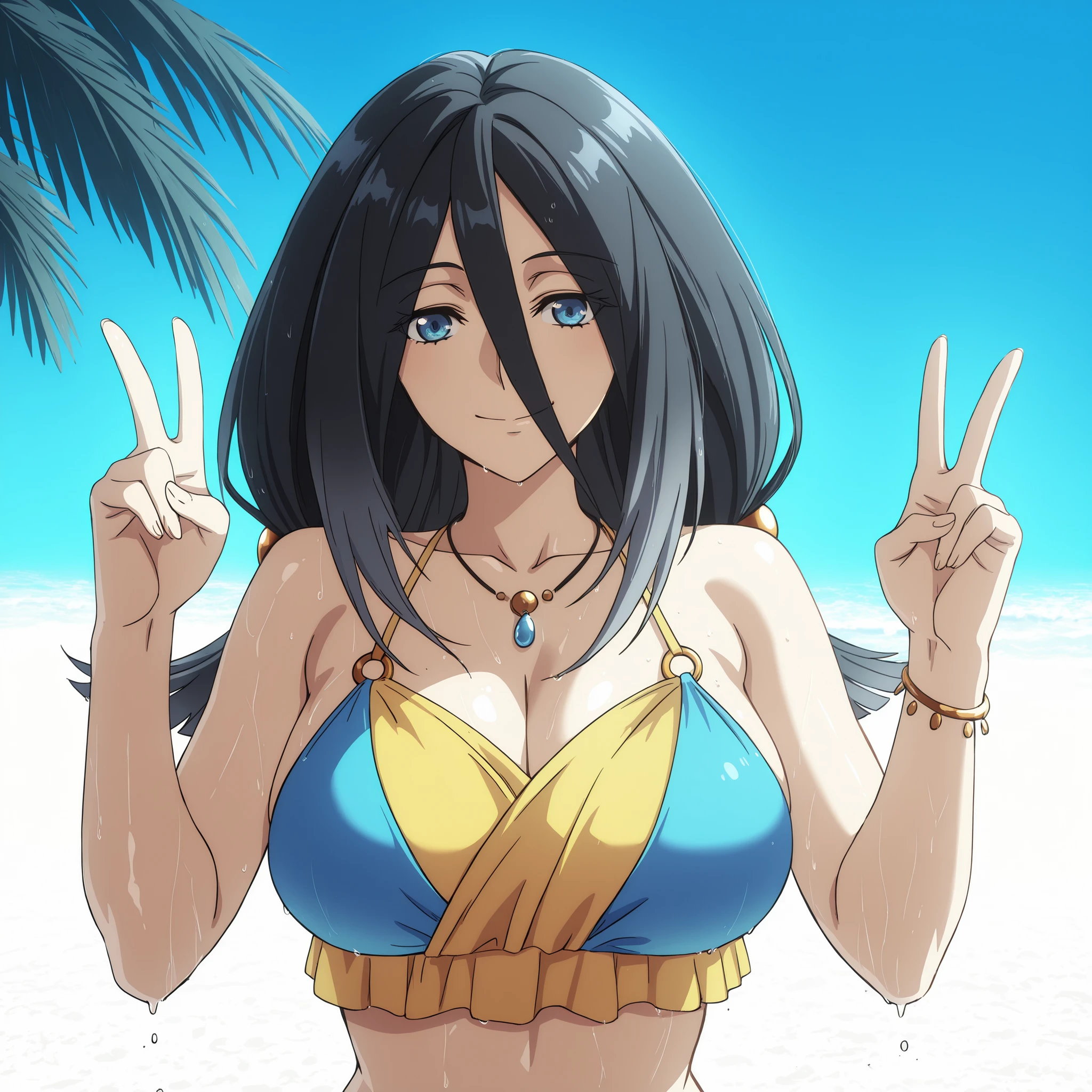 Shildina, blue eyes, black hair, a hair ornament, strands falling over her eyes, slender figure, and a generous bust. Fair skin. She wears a two-tone yellow and blue bikini, bracelets, and a small necklace. She strolls along a beautiful, paradisiacal beach with white sand and blue skies, with waves and palm trees in the background. Wet skin. Highly detailed anime illustration, vibrant lighting, and smooth skin. She makes the peace sign.