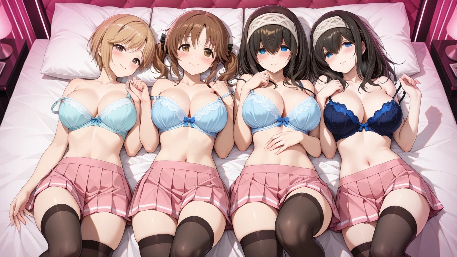 top-quality、Shot from the right side、Full limbs、complete fingers、Three beautiful women、Beautiful ?????????????、3 people side by side ???????????.、4 people ??????????、(Exquisite blue and white lace design bra:1.3)、　??????? are see-through、Blue bloomers、Smile、20 years girl、Gymnasium、Volleyball Court、volley、?????????