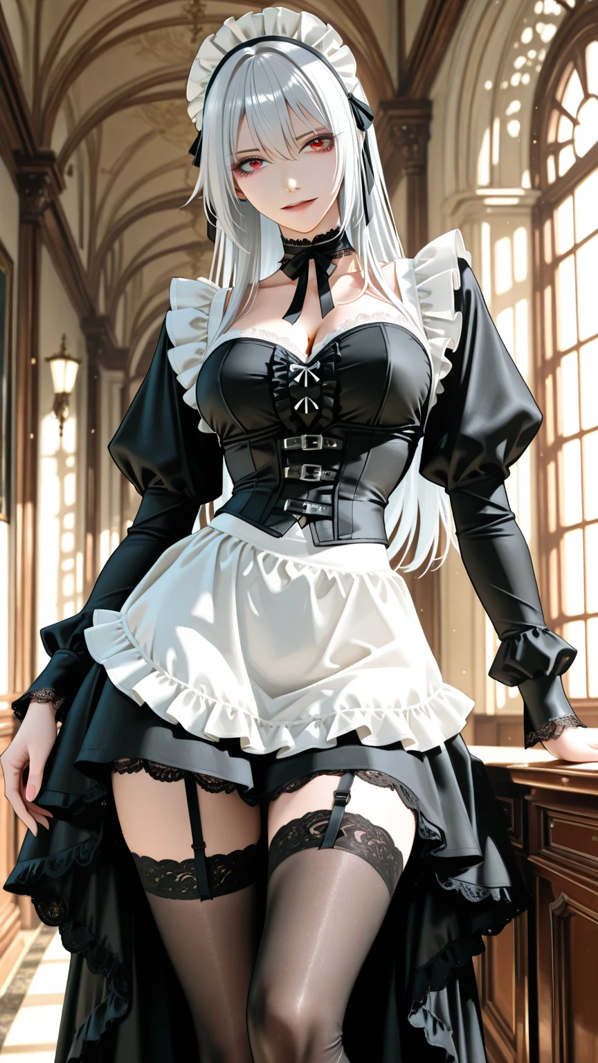 [black:aqua:0.65] theme, masterpiece, a girl's masterpiece, detailed visual art, blue eyes, silver hair, long hair, collarbone, queen, mature, elegant, gorgeous nun dress, corset piercing, detailed layered skirt, [detailed frills: 0.1], [frilled dress: 0.1], embroidery, [detail skirt: 0.1], off-the-shoulder, big breasts: 1.3, open crotch, thigh seam, groin, high-heeled over-the-knee boots, [NSFW|uncensored], (simple background: 1.1), low-winged, full-body --auto