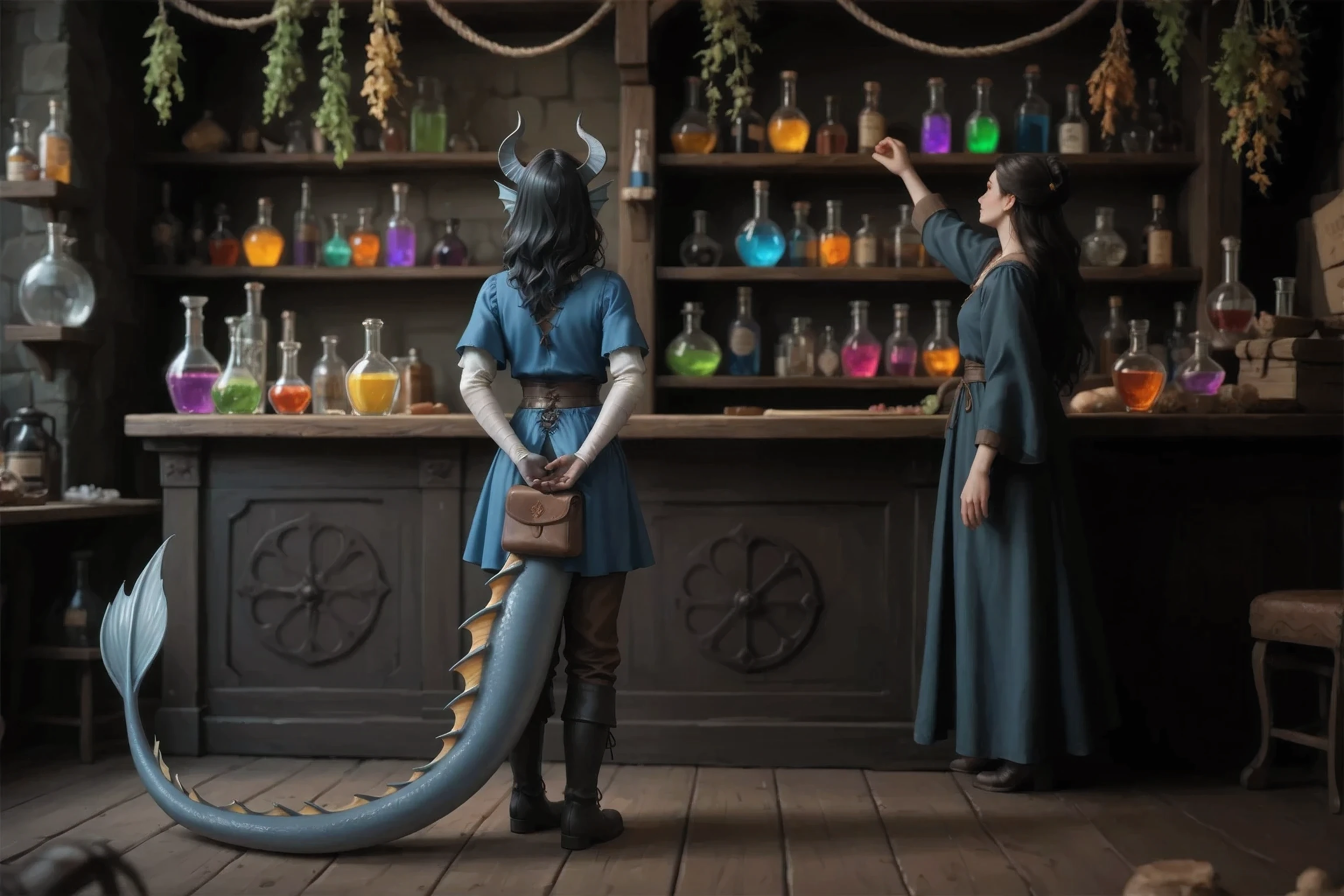 is absurd, (is absurdное разрешение), masterpiece, best quality, ultra-detailed, 8K UHD, extremely detailed, unrealistic ,
2 CHARACTER а: 1 character: (yellow-orange crest on the tail:1.3), ( dark blue-gray skin ), a girl with dark blue-gray skin has both hands behind her back.
back view, , you can see her back in front of the counter of the medieval alchemy store Kedra, A woman with dark blue-gray skin. Keeps hands behind back, fins on the head, small dark blue-gray horns. Her long, thick, smooth dragon-like tail spreads behind the wooden floor. straightened back. Loose black hair, back view. you can see your back. straight back. in simple medieval clothes. blue tunic, brown leather pants, medieval boots, The tail bag , ( Best hands ). ( 5 fingers), , you can see the back and a long, thick dragon tail creeping across the ground, medieval boots, brown leather pants .
2 CHARACTER : Behind the counter, another female seller in a vintage store in a medieval magic robe reaches up in the background. you can see your back. She reaches out for a potion on the uppermost shelf.
The alchemy atmosphere of the potion shop is all around. various colored bright colorful liquids in various bottles they are standing everywhere on the shelves. Dried herbs above on ropes. Dark frame, darkrain,
Long soft shadows.