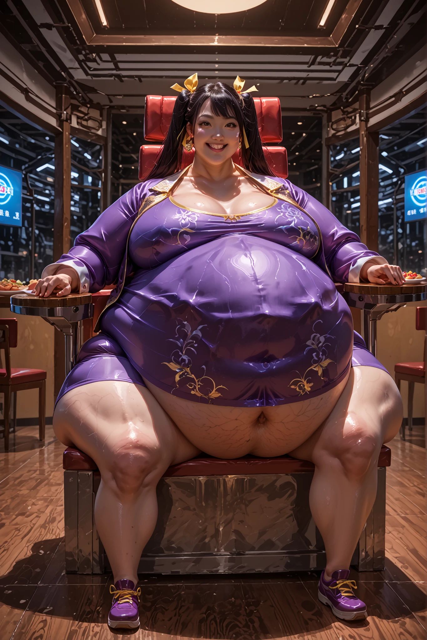 1girl, solo, masterpiece, best quality, Ling Xiaoyu, long hair, black hair, twin tails, brown eyes, Asian, shirt, long sleeves, hair ornament, ribbon, hair ribbon, open clothes, shorts, open jacket, purple jacket, purple shorts, Chinese clothes, short dress, bike shorts, China dress, yellow ribbon, hyper fat, hyper obese, hyper pregnant full body, smile, indoors, restaurant ,sitting, bw-chair,mechanical chair, spread legs