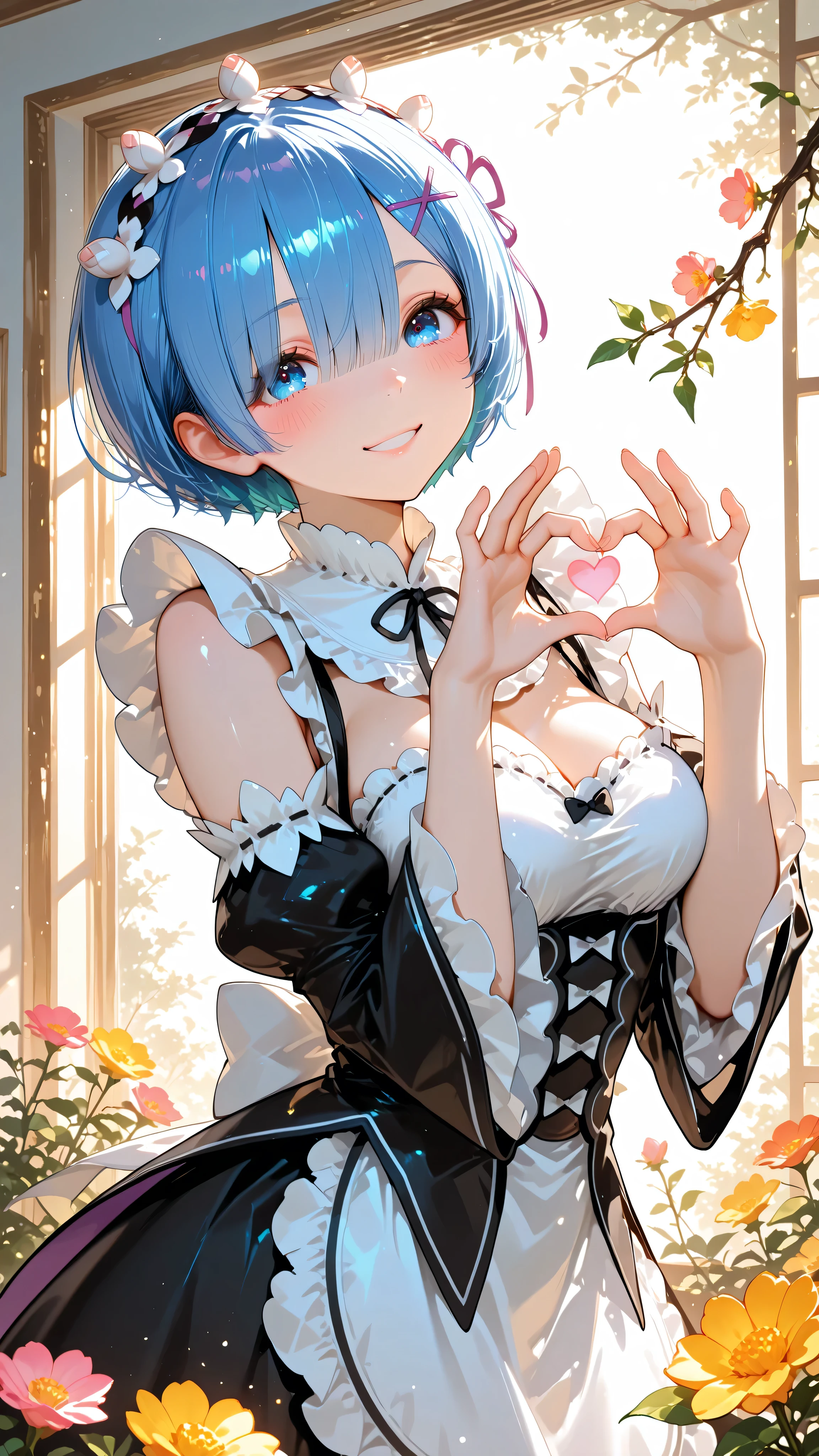 Rem, re zero, smile, fingers heart gesture, glow, morning, flower branch, colorful flowers, morning sun, maid, three-quarter shot