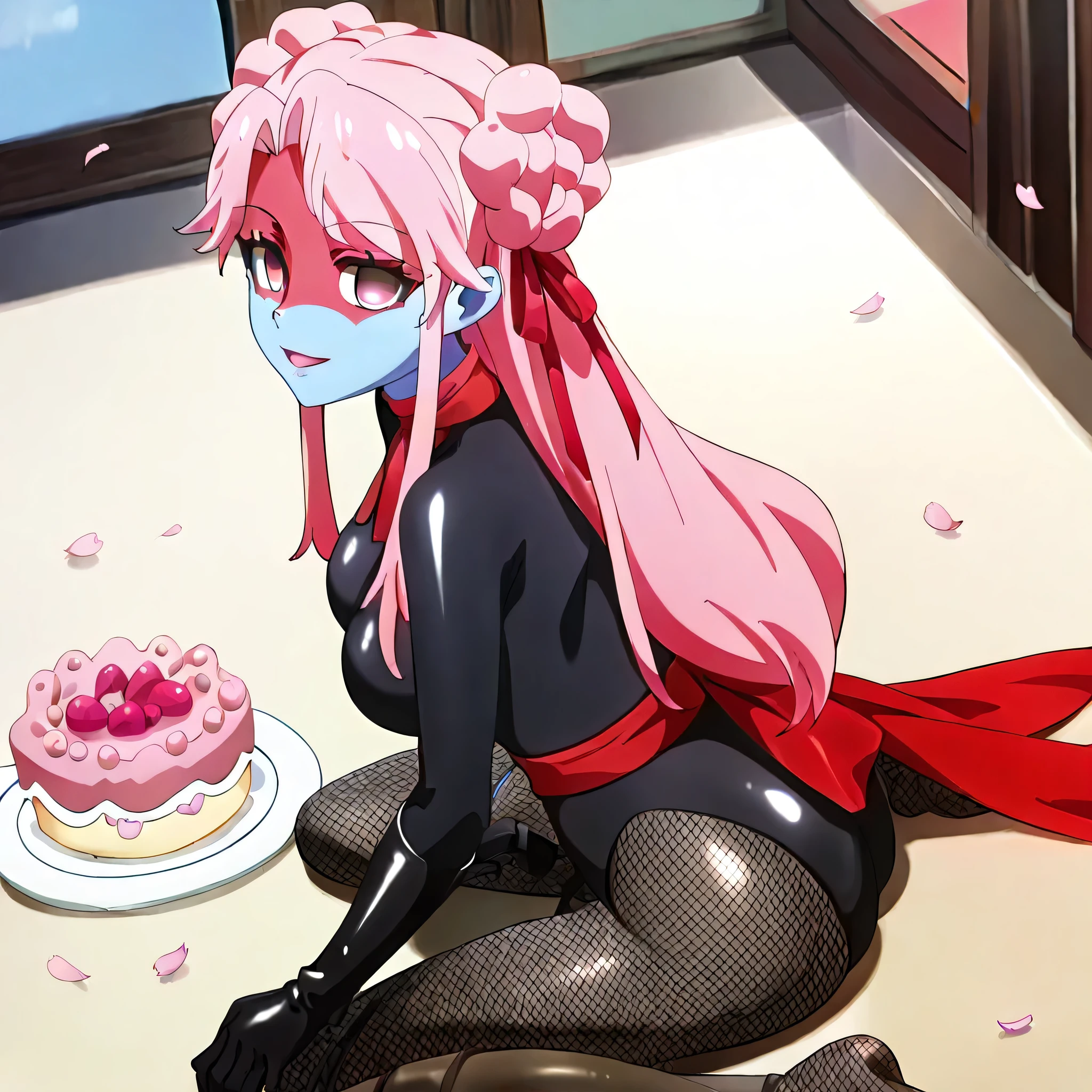 (((Masterpiece))), (((Best Quality))), ((Super Detail)), ultra-High resolution, score_9,score_8_up,score_7_up,score_6_up,score_5_up,score_4_up, BREAK, source_anime, anime screencap, uncensored, Masterpiece, (best shadow), (absurdres), (detailed background), (very aesthetic), detailed beautiful eyes, outstanding, an exquisite animation illustration, curvy, highres, shiny clothing, dark persona, empty eyes, blank eyes, shocker, black leotard, latex elbow gloves, brown fishnet pantyhose, blue skin, colored skin, red sash, makeup, red skin, (((solo, 1girl))), hair ornament, pose, submissive pose, anime style, anime coloring, animification, megami magazine, pose, dynamic angle, cinematic angle, dutch angle, medium , shirube kagari, pink hair, very long hair, double bun, doughnut hair bun, shiny hair, sidelocks, eyebrows visible through hair, parted bangs, pink eyes, hair ribbon, red ribbon, smile, light smile, open mouth, gentle smile, Japanese architecture, cherry blossom, petal, wind, windy, flower, flower petal, wariza, kneeling, looking from above, from above, view from above, tea, sweet, cake, looking at viewer, hand on hair, looking from side, view from side, from side, side