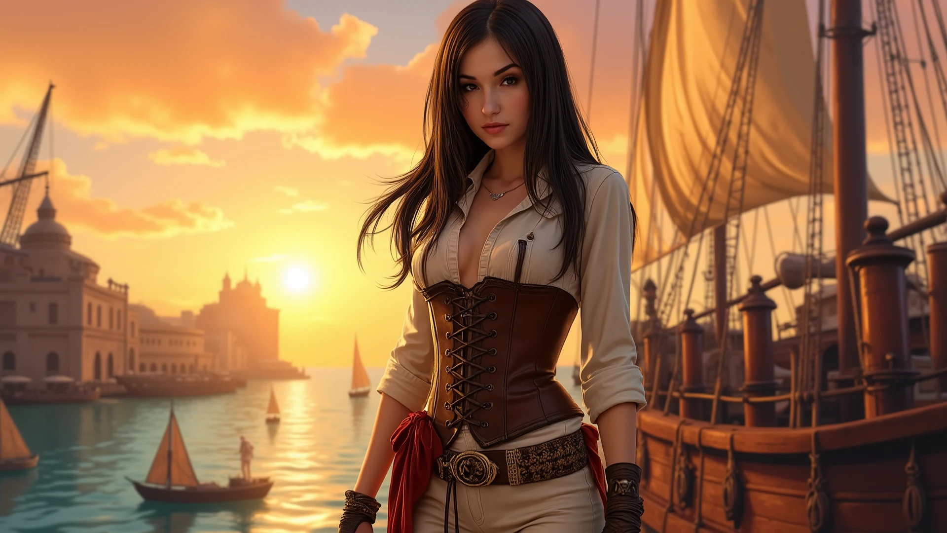 A captivating fantasy woman emerges as a striking pirate. Her bronze sun-kissed skin glows against the vibrant backdrop of a bustling port at sunset, while her golden honey eyes sparkle with mischief, embodying the spirit of adventure. Long, flowing black hair sways in the breeze, accentuating her fierce presence as she stands confidently on the deck of her ship. Dressed in a stylish sand-toned leather corset layered over a light ivory shirt with rolled-up sleeves, her soft trousers and elegantly detailed light leather boots, embellished with intricate designs, reflect the treasures she has collected. The blend of Anime and vibrant illustration styles beautifully encapsulates her character and the enchanting world of fantasy piracy, making her an unforgettable presence in this colorful narrative. The meticulous illustrations highlight the intricate designs of her adornments, emphasizing her adventurous spirit and the vibrant, imaginative world teeming with life and excitement that she inhabits.