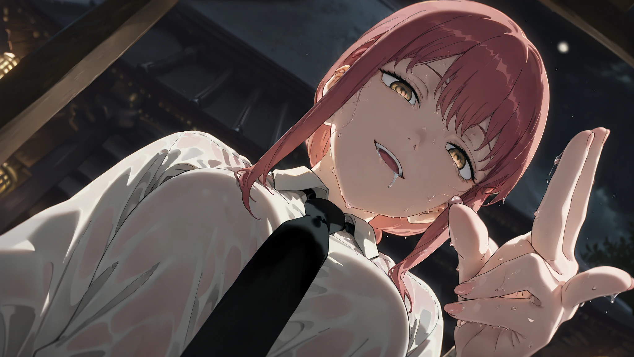 (Best quality), (masterpiece), (only), 1 girl, Maybe_XM, peach hair, yellow eyes, cross-shaped pupils, pupils in the form of symbols, red horns, white button up shirt, black tie, sharp teeth, smile, long hair, whole body