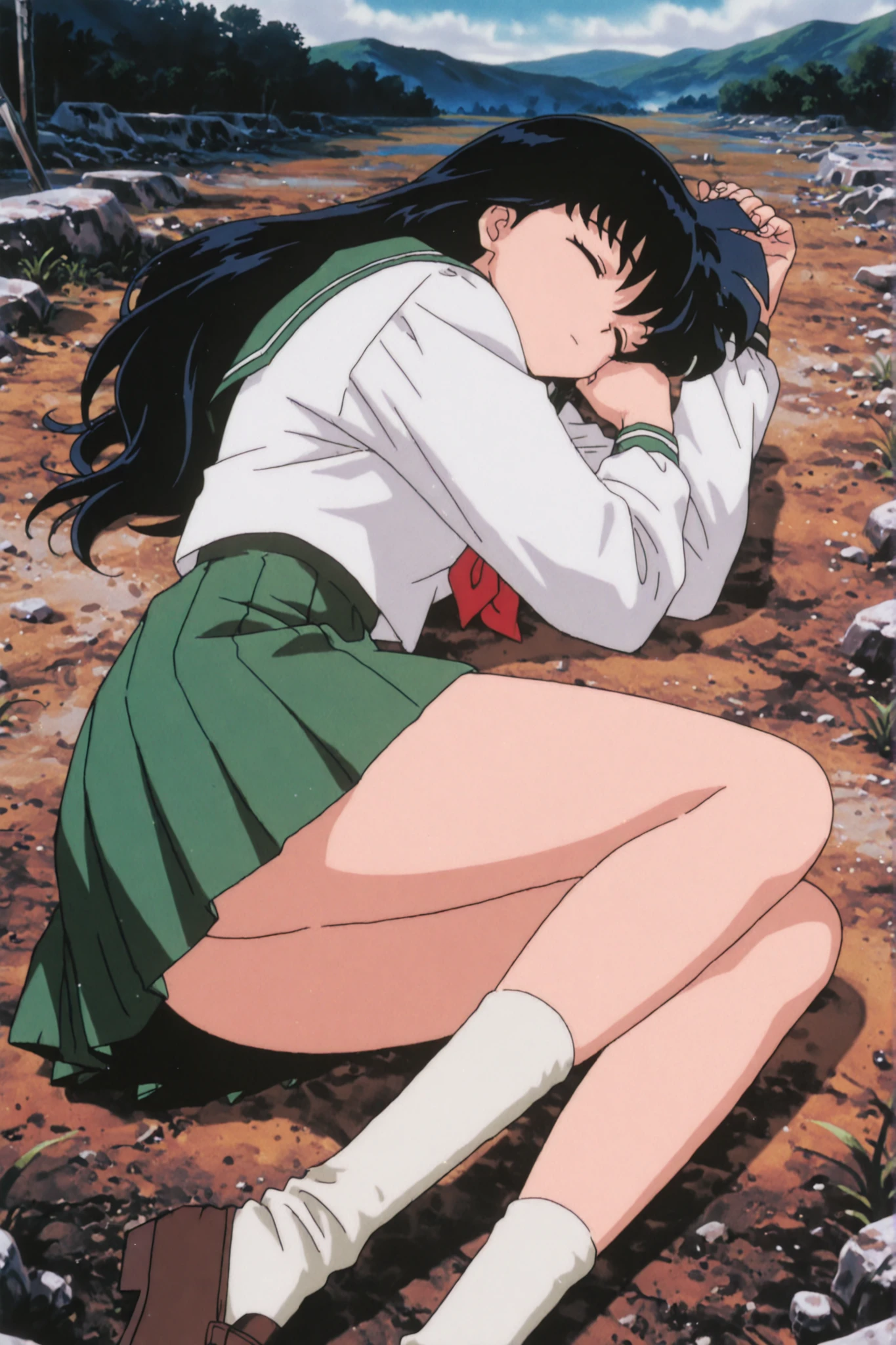 clean, {{scan}}, {{{masterpiece}}}, {{{high quality}}}, {{{animated}}}, anime colored, {{{official art}}}, perfect body, perfect face, extreme detail, perfect anatomy, intricate, (highly detailed), solo, 1girl ,(beautiful details:1.3), perfect eyes, perfect hands, masterpiece,best quality,amazing quality, higurashikagome, masterpiece, best quality, amazing quality,, kagome higurashi, long hair, black hair, retro artstyle, brown eyes, anime screencap, skirt, shirt, long sleeves, school uniform, white shirt, pleated skirt, serafuku, , , green skirt, ,, wasteland, barren, dry, post apocalyptic, desolate, , , cute 🥰, , solo,, cowboy shot, solo , green panyhose , full thighs with green panyhose, sleeping on her face, her hips and thighs up, white socks, loafers, , closed legs, , from below