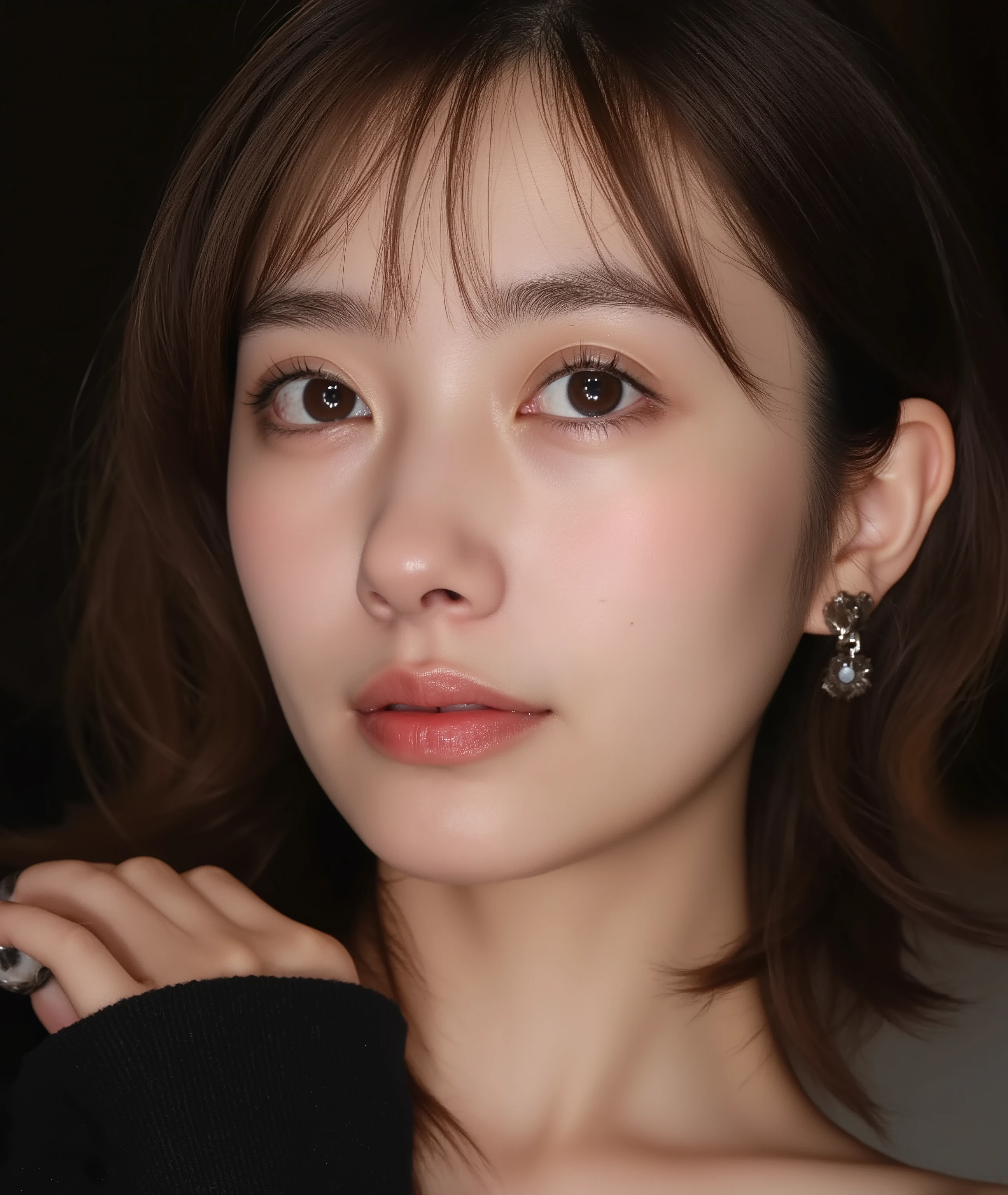 The image is a close-up photograph of a young Asian woman with a fair complexion. Her face dominates the frame, occupying the majority of the image, with her eyes, nose, and lips prominently visible. She has large, almond-shaped eyes with long, thick eyelashes, and her skin is smooth and soft. Her lips are full and slightly parted, revealing a natural, rosy hue. She wears a small silver stud earring in her left ear, adding a subtle touch of personal style.
Her hair is long, dark brown with subtle highlights, and it partially covers her forehead, giving a slightly tousled, casual look. The background is out of focus, but it appears to be a dark, possibly indoor setting, which emphasizes her face and provides a stark contrast to her light complexion. She is wearing a black garment, possibly a top or a sleeve, which is visible at the bottom of the image. The overall mood of the photograph is intimate and personal, capturing a candid moment with a natural, unfiltered aesthetic.