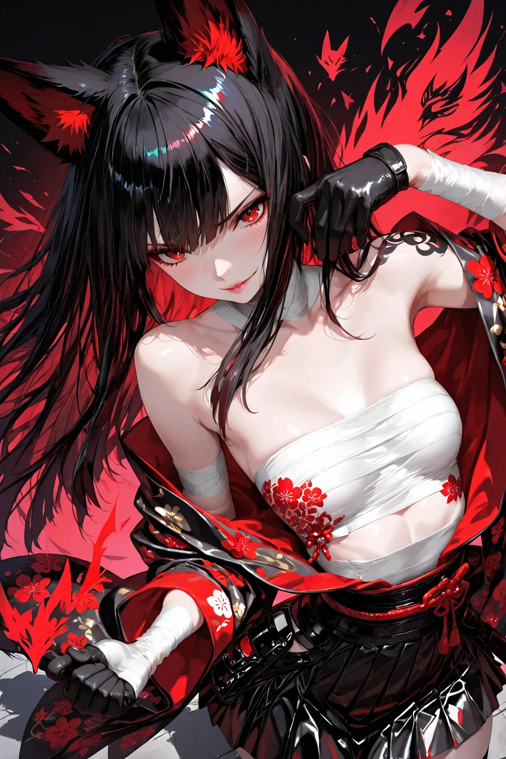 girl with black hair tied up, very pale skin, body chained, slight sarcastic smile, left hand covering her left eye, red kimono on the right side falling over her shoulders, around her several dark evil creatures like black figures. image and dark pastel colors.