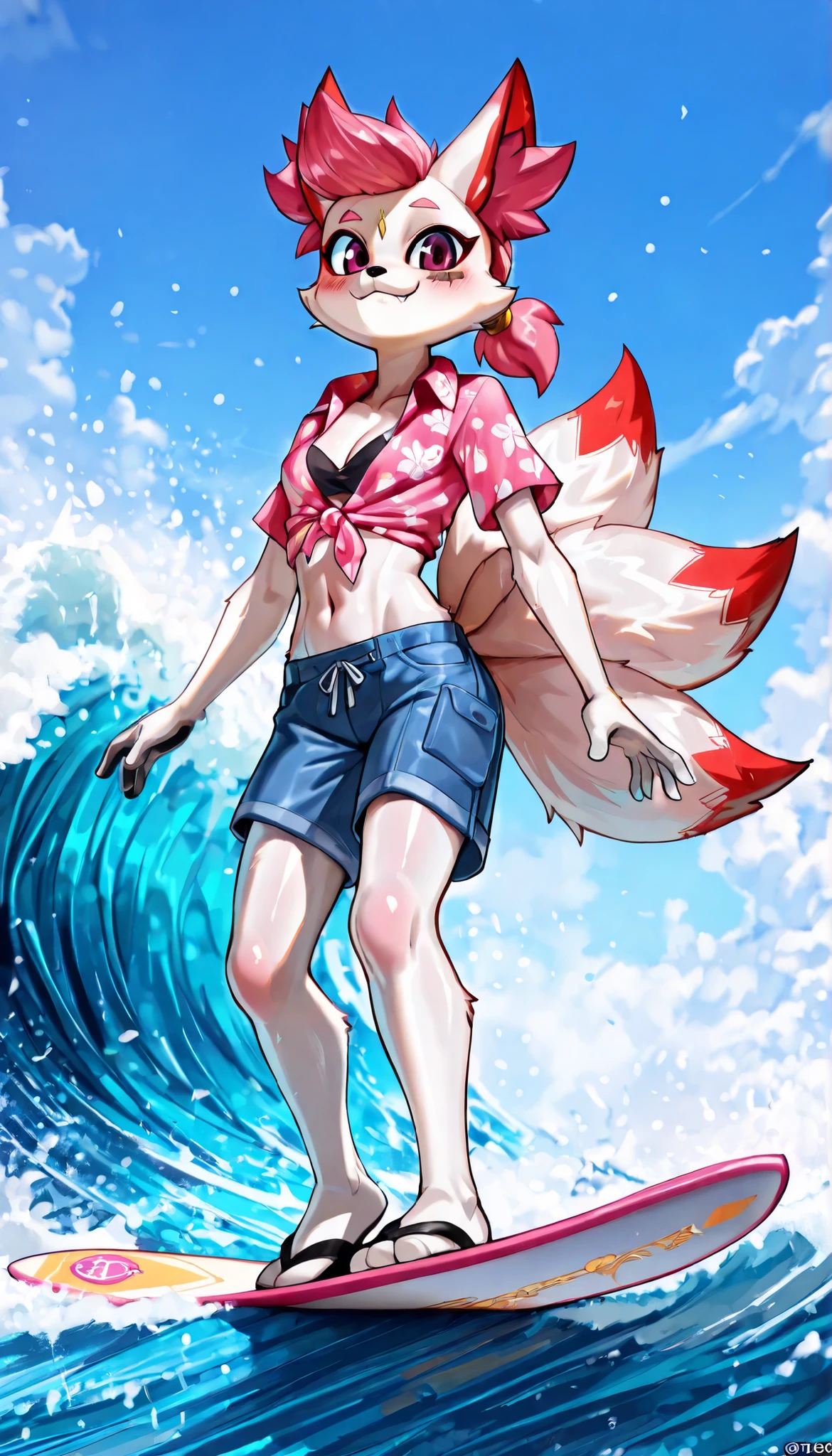 score_9,score_8_up,score_7_up, source_cartoon, source_furry, thick outline, anthropomorphic, countershading, kimiko five tails, furry female anthro, fox girl, white body fur, Pink hair, ((pink hawaiian shirt, short sleeves, collared shirt, tied shirt, midriff, cleavage, blue shorts, sandals)), small breasts, detailed body fur, detailed body, detailed face, detailed eyes, glistering body, shiny body, skinny, :3, multiple tails, multi tail, solo, body fur, (best quality), cinematic lighting, looking at viewer, anime style, short ponytail, scar on face, 2D, fang, navel, small breasts, full body, feets with three toes, looking at you, epic portrait, smile, blush, presenting front, tonned body, thin body, short body, big head, detailed fluffy, surfing, anime style, thick outline, surfing, standing on a surfboard, outside, The beautiful blue sea, waves, sky, low angle view,