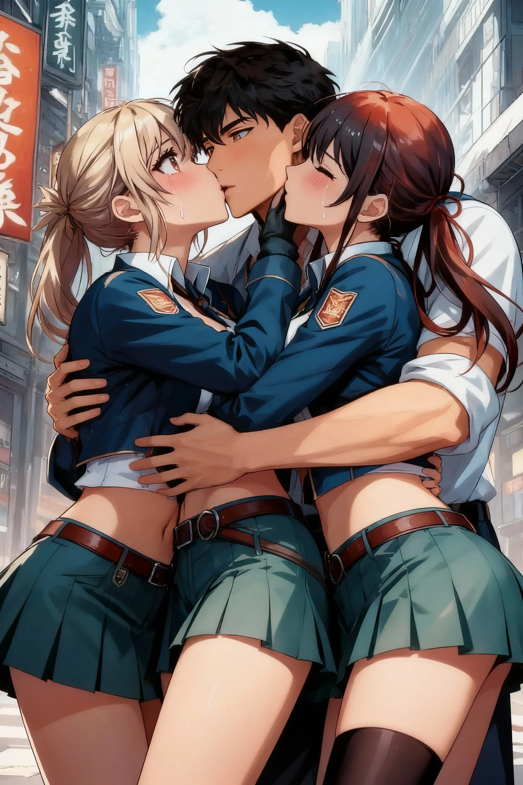 , photorealistic, top-quality, masterpiece, 4 Korean women , Korean female only, ABSOLUTELY NO MALE, absolutely no men, VERY crowded female only subway train interior detailed scenario, VERY crowded Korean female only subway train interior detailed background, standing insanely hot (woman 1) using  ((school uniform)), (((lifted skirt)), (thick thighs), (fear expression), blushed face, (woman 2)  young, blond hair, confused look, mature woman  groping woman 1 , woman 2 touches woman 1 , young woman 2 caressing woman 1 legs, wet kiss, lesbian kiss,  (((mature woman pressing her  on woman 1 back))) and (((holding her waist behind her))), , torn clothes, exposed gentials,