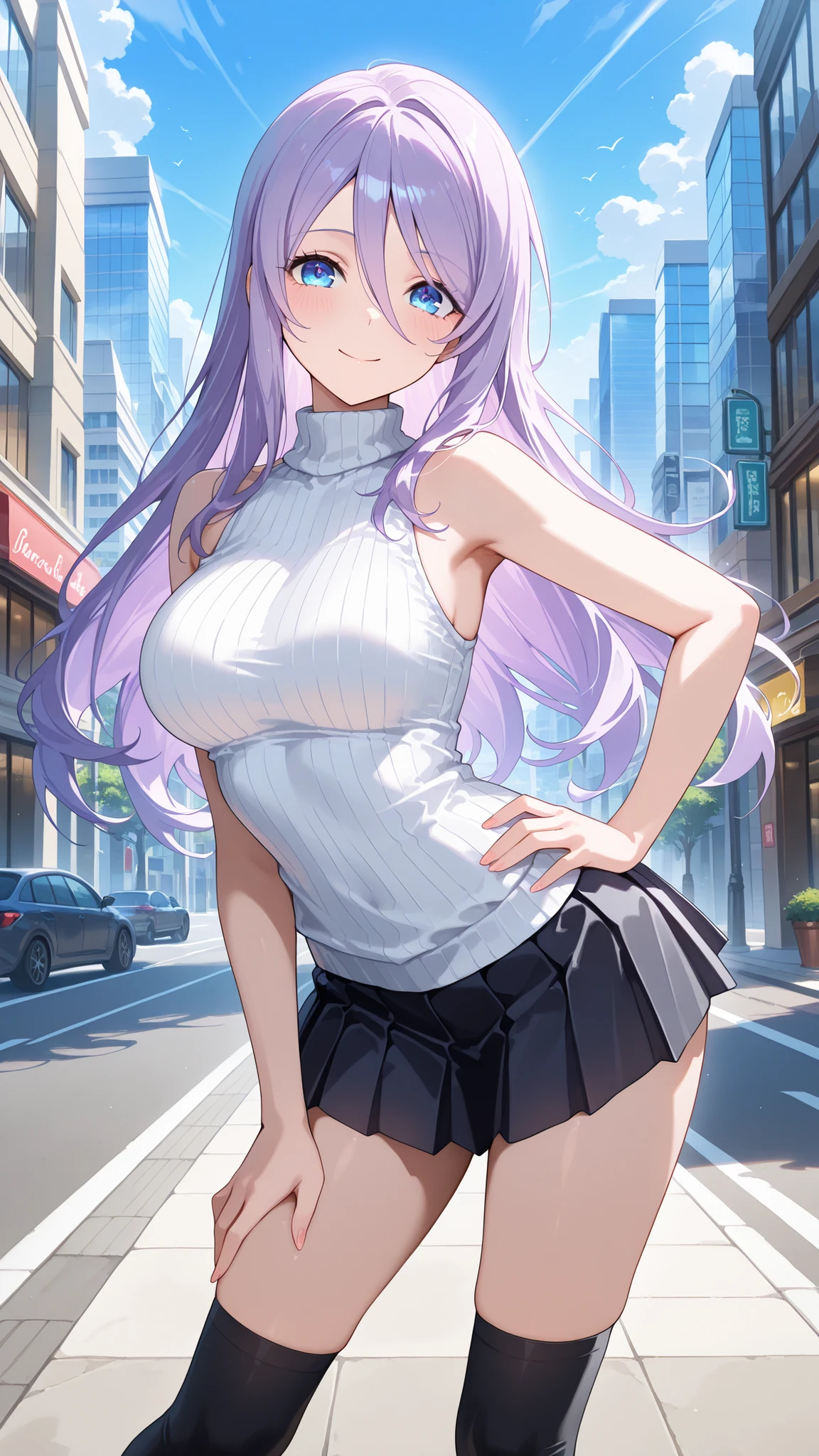 masterpiece,best quality,highre,ultra-detailed,detailed illustration,source_anime,1girl,solo,slender,Shizuru,purple hair, long hair, blue eyes,enchanting eyes,highly detailed eyes,hair between eyes,white sleeveless sweater,black pleated miniskirt,black over kneehighs,outdoor,happy,city,street,blue sky,day,smile,contrapposto, arched back, hand on hip, legs apart