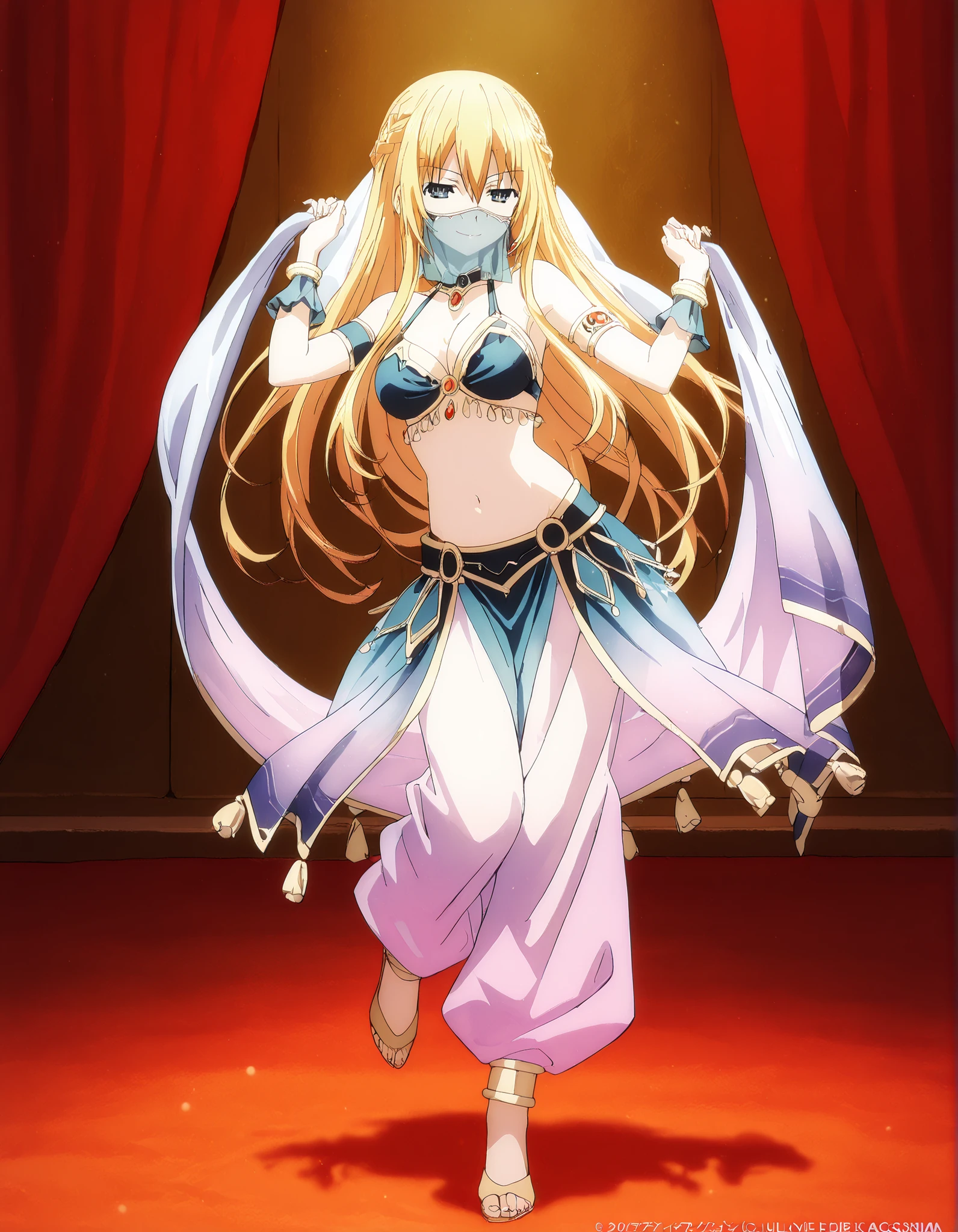 (1girl:1 . 5) , (Seul:1 . 5) , score_9 , score_8_haut , score_7_haut , source_anime , Official work , ultra-detailed , masterpiece , best quality , high resolution , beaux yeux , detailed eyes , Detailed face , beautiful detailed eyes,1girl,blonde_hair, blue eyes, long hair, sidelocks, hair between eyes, french braid,Date A Live,Artemisia Bell Ashcroft,Arabian Clothes , Arabian Dancer Outfit ,belly dancer costume,belly dancer outfit ,full body,golden jewelery,mouth veil,armlet, belly dancing,arabian theater,seductive smile, dancing with veil, dynamic movement,dance posture, seductive pose