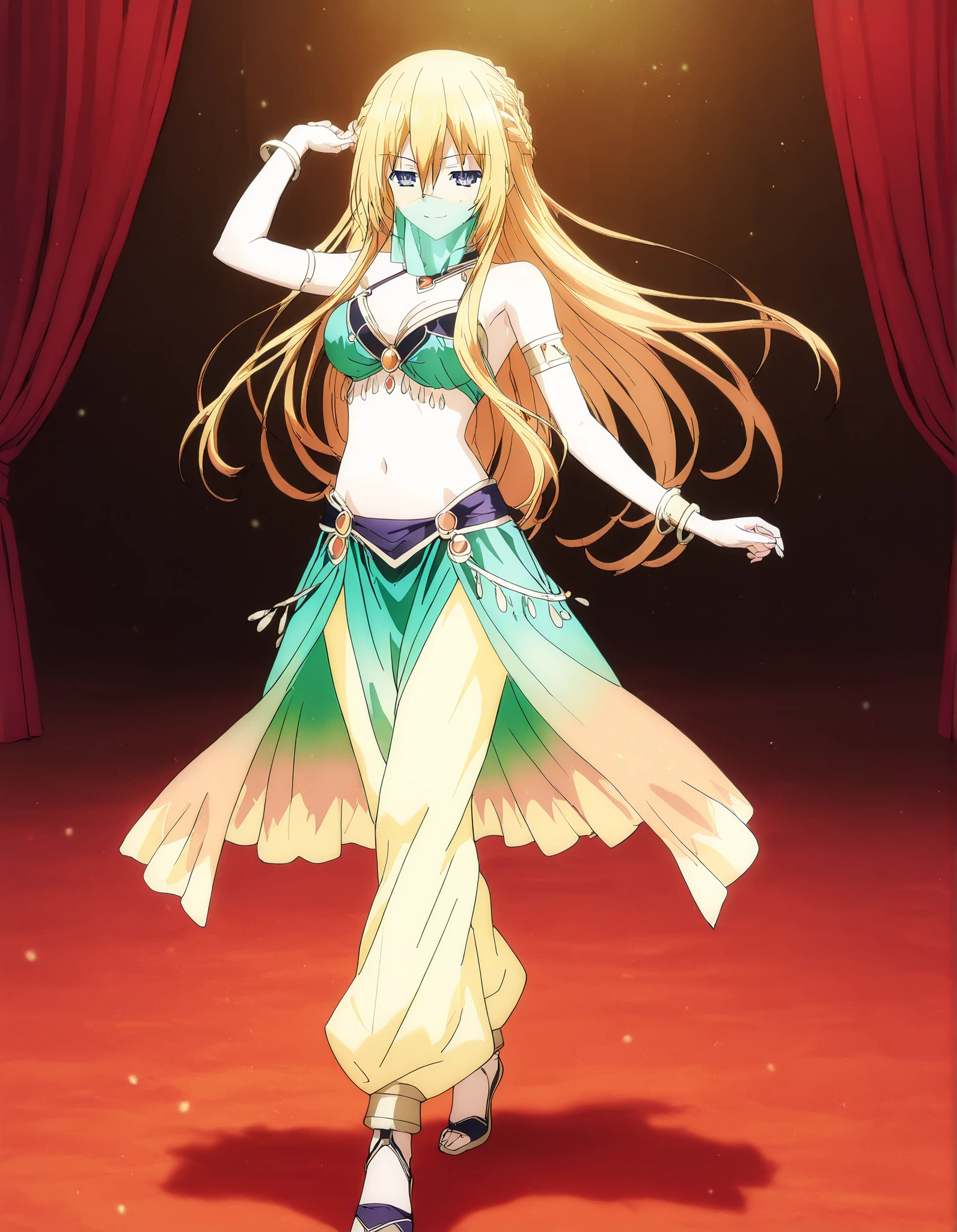 (1girl:1 . 5) , (Seul:1 . 5) , score_9 , score_8_haut , score_7_haut , source_anime , Official work , ultra-detailed , masterpiece , best quality , high resolution , beaux yeux , detailed eyes , Detailed face , beautiful detailed eyes,1girl,blonde_hair, blue eyes, long hair, sidelocks, hair between eyes, french braid,Date A Live,Artemisia Bell Ashcroft,Arabian Clothes , Arabian Dancer Outfit ,belly dancer costume,belly dancer outfit ,full body,golden jewelery,mouth veil,armlet, belly dancing,arabian theater,seductive smile, dancing with veil, dynamic movement,dance posture, seductive pose