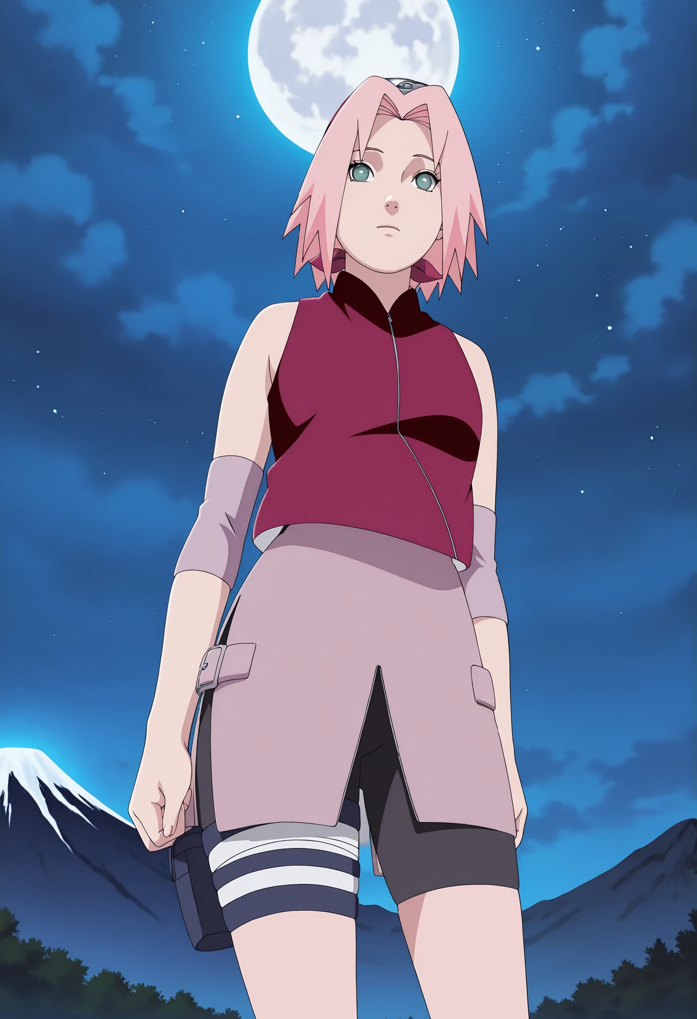 clean, {{scan}}, {{{masterpiece}}}, {{{high quality}}}, {{{animated}}}, anime colored, {{{official art}}}, perfect body, perfect face, extreme detail, perfect anatomy, intricate, (highly detailed), solo, 1girl ,(beautiful details:1.3), perfect eyes, perfect hands, Naruto_Shippuden artstyle (style), anime screencap, night, soft lighting, mountain background, transparent background, thunderstorm, moon, night,Anime eyes, stylish, hand drawn illustration, ,, sakura haruno, pink hair, green eyes, Red shirt, zip, bike shorts , forehead protector, masterpiece, Naruto_Shippuden artstyle, anime screencap, wide eyes, masterpiece, soft thighs, from , showing,, meaty butt, sleeping on her face, her hips and thighs up, white socks, loafers, , closed legs, , from below