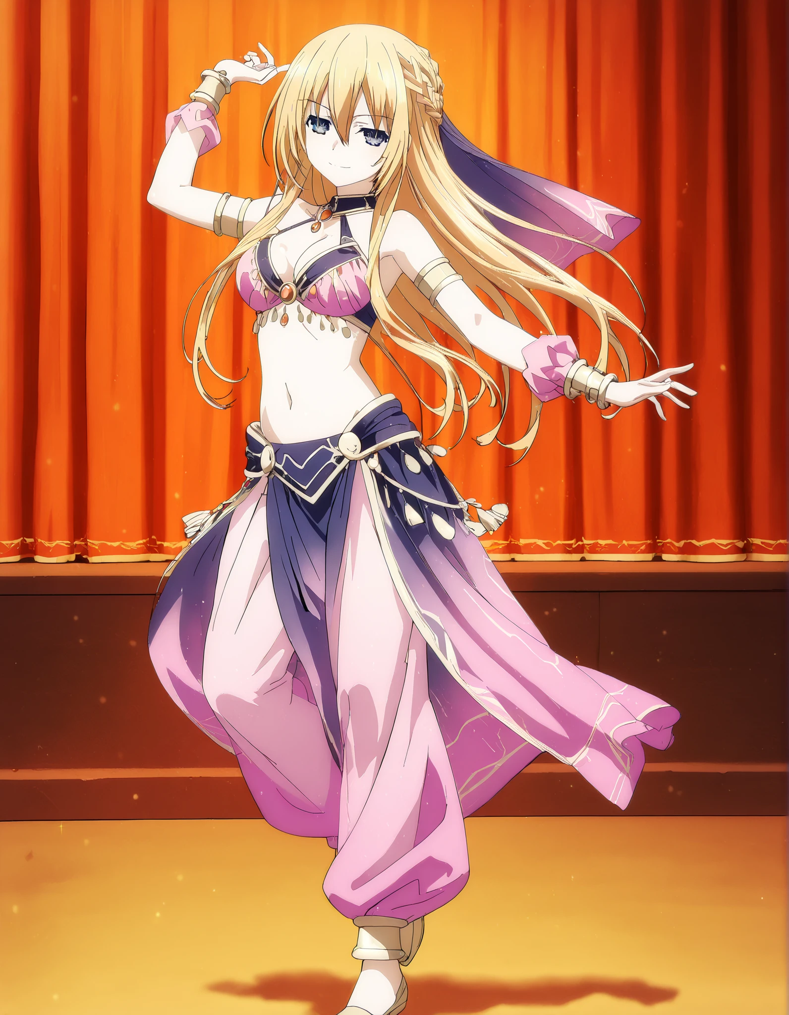 (1girl:1 . 5) , (Seul:1 . 5) , score_9 , score_8_haut , score_7_haut , source_anime , Official work , ultra-detailed , masterpiece , best quality , high resolution , beaux yeux , detailed eyes , Detailed face , beautiful detailed eyes,1girl,blonde_hair, blue eyes, long hair, sidelocks, hair between eyes, french braid,Date A Live,Artemisia Bell Ashcroft,Arabian Clothes , Arabian Dancer Outfit ,belly dancer costume,belly dancer outfit ,full body,golden jewelery,armlet, belly dancing,arabian theater,seductive smile, dancing with veil, dynamic movement,dance posture, seductive pose