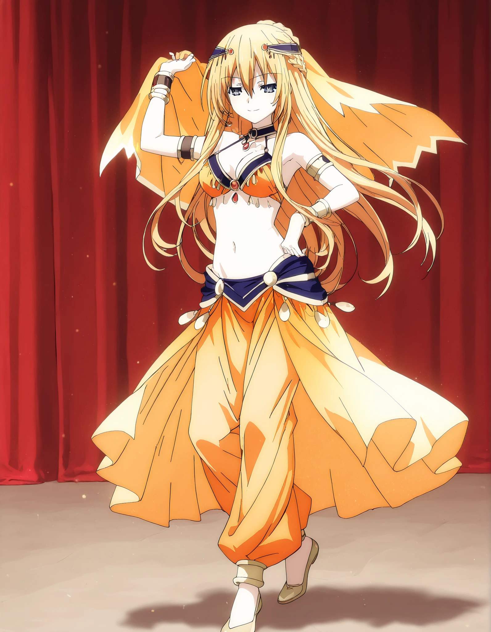 (1girl:1 . 5) , (Seul:1 . 5) , score_9 , score_8_haut , score_7_haut , source_anime , Official work , ultra-detailed , masterpiece , best quality , high resolution , beaux yeux , detailed eyes , Detailed face , beautiful detailed eyes,1girl,blonde_hair, blue eyes, long hair, sidelocks, hair between eyes, french braid,Date A Live,Artemisia Bell Ashcroft,Arabian Clothes , Arabian Dancer Outfit ,belly dancer costume,belly dancer outfit ,full body,golden jewelery,armlet, belly dancing,arabian theater,seductive smile, dancing with veil, dynamic movement,dance posture, seductive pose
