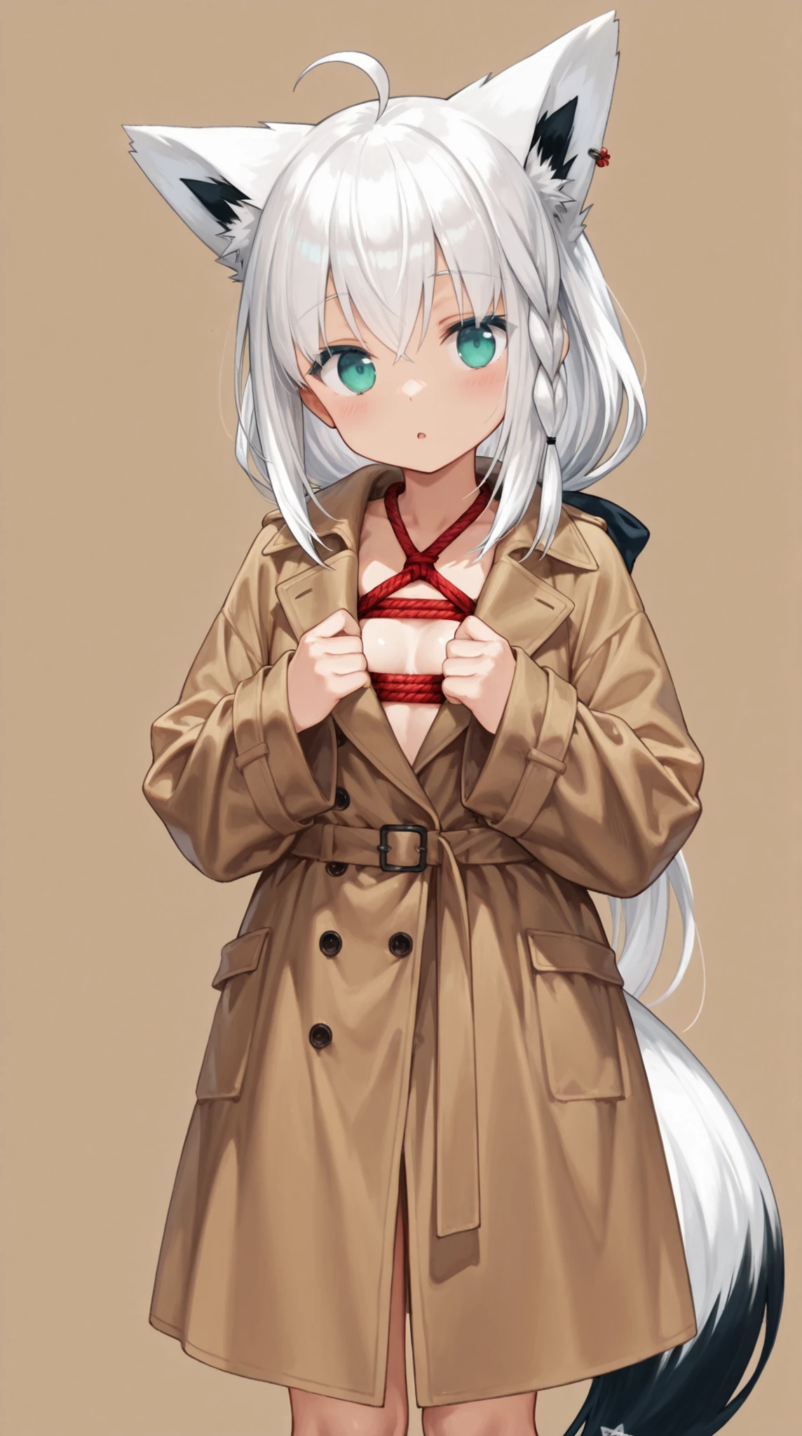 fubuki, white hair, single side braid, ahoge, piercing, fox tail, She is naked under her brown trench coat, but only her chest is visible. Underneath her clothes, She doesn't put her arms through the sleeves, she is naked and bound with red rope. standing, no background, The tail lifts up the bottom of the clothes