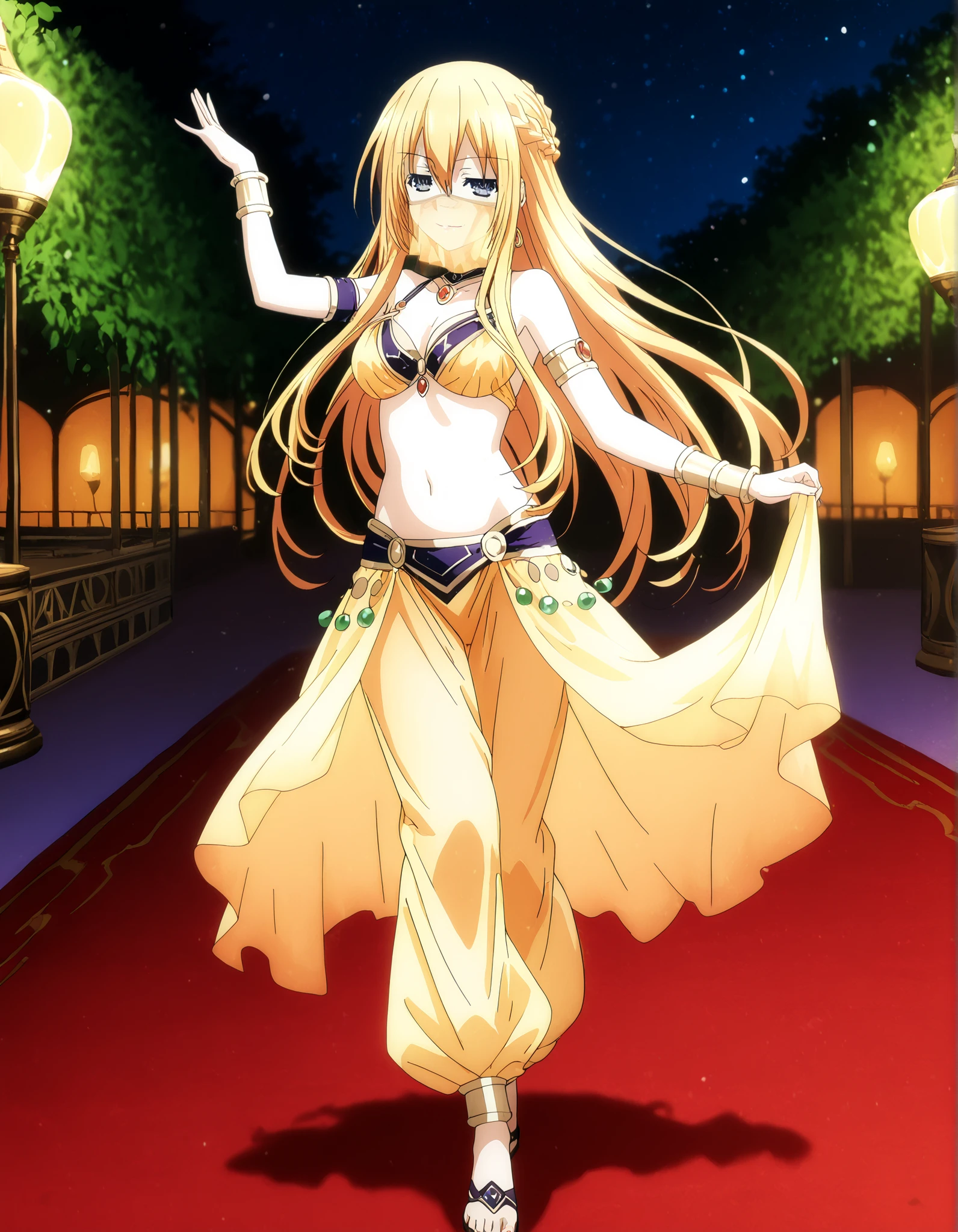 (1girl:1 . 5) , (Seul:1 . 5) , score_9 , score_8_haut , score_7_haut , source_anime , Official work , ultra-detailed , masterpiece , best quality , high resolution , beaux yeux , detailed eyes , Detailed face , beautiful detailed eyes,1girl,blonde_hair, blue eyes, long hair, sidelocks, hair between eyes, french braid,Date A Live,Artemisia Bell Ashcroft,Arabian Clothes , Arabian Dancer Outfit ,belly dancer costume,belly dancer outfit ,full body,golden jewelery,mouth veil,armlet, belly dancing,night,arabian garden,seductive smile, dancing with veil, dynamic movement,dance posture, seductive pose