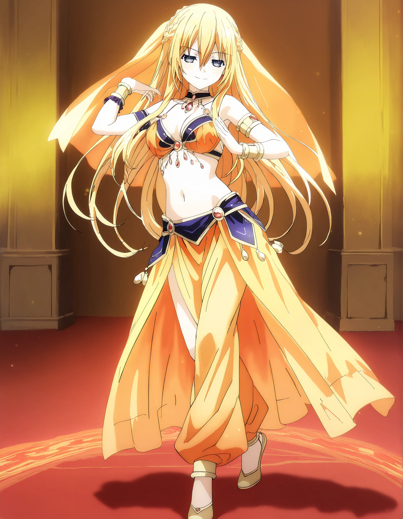 (1girl:1 . 5) , (Seul:1 . 5) , score_9 , score_8_haut , score_7_haut , source_anime , Official work , ultra-detailed , masterpiece , best quality , high resolution , beaux yeux , detailed eyes , Detailed face , beautiful detailed eyes,1girl,blonde_hair, blue eyes, long hair, sidelocks, hair between eyes, french braid,Date A Live,Artemisia Bell Ashcroft,Arabian Clothes , Arabian Dancer Outfit ,belly dancer costume,belly dancer outfit ,full body,golden jewelery,armlet, belly dancing,arabian garden,seductive smile, dancing with veil, dynamic movement,dance posture, seductive pose
