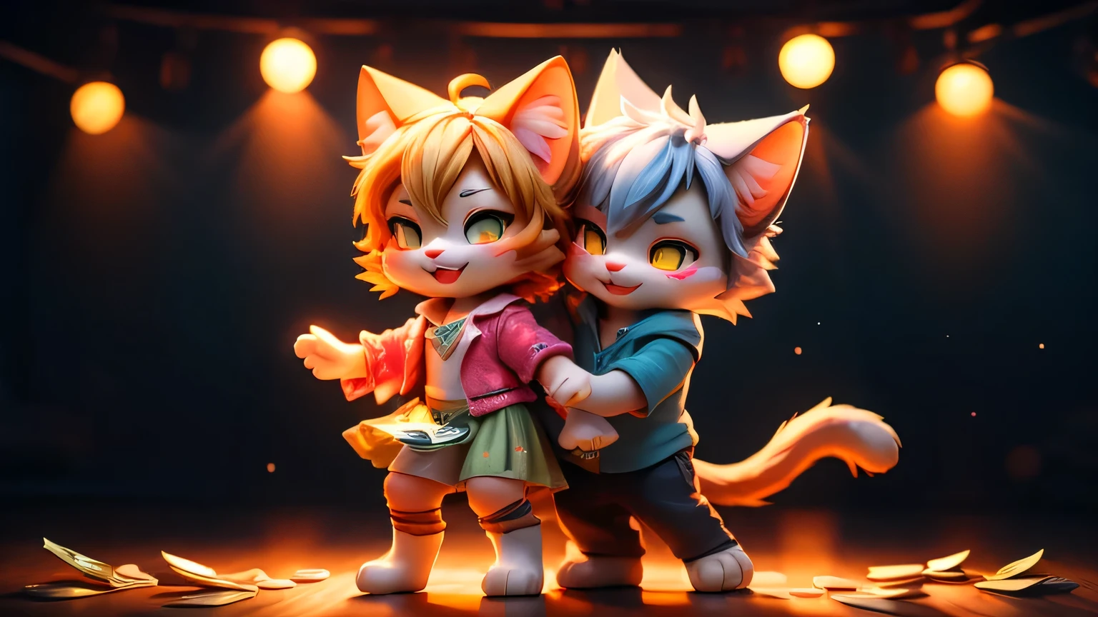 Cat in cute clothes dancing at DISCO、Handsome cat couple hugging from behind、Glowing neon、Waltz、Money stage
