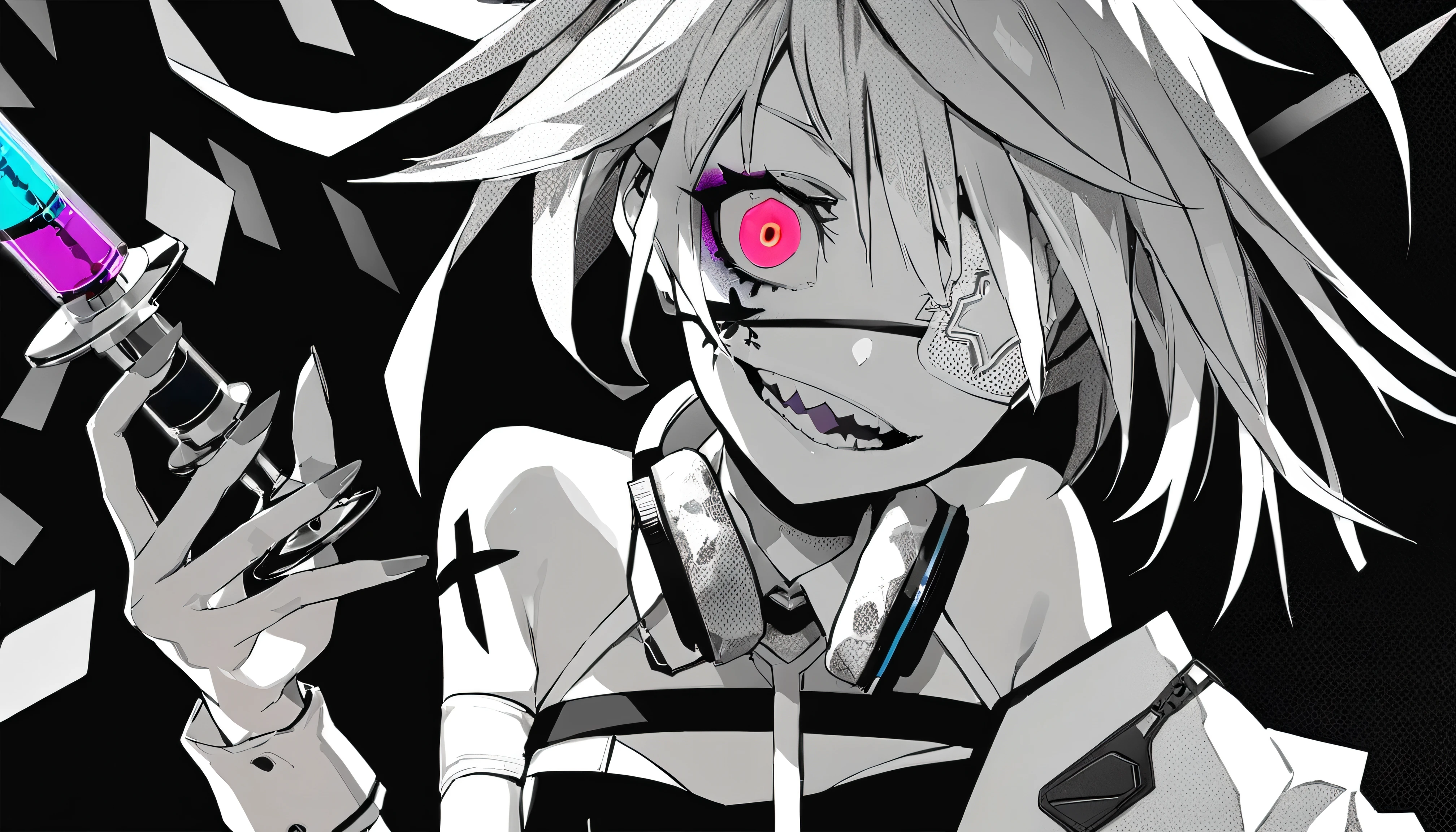 (( the background is a hospital、syringe))、masterpiece, Highest Quality, ((1 girl:The arrangement is centered)), ((( the background is a hospital、syringe))、Spikes, ((solo)), headphones , Crazy smile, , spiked Color, Illness、monochrome, 色つきのheadphones around neck,yandere, Black background, Color, watching viewers, bare shoulder, glowing crazy red eyes,Eye patch、bandage、(hairstyle:Bedhead)、bewitching and sexy nurse costume、tattoo on the face