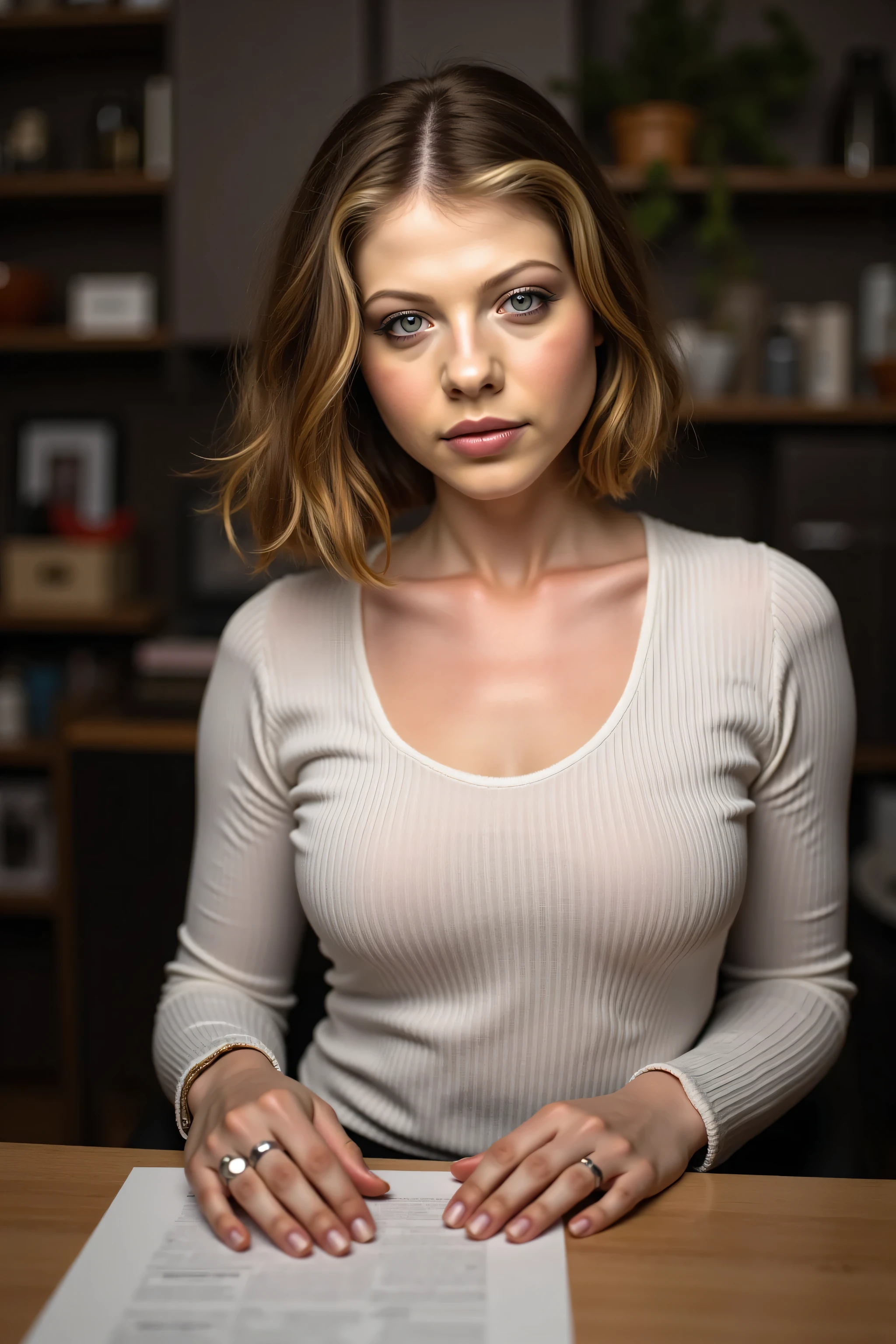 Scarlett Johansson in sexyy, worn-out torn cotton tank
top in cluttered barn, Detailed and realistic face and eyes,
ripped cotton tank top ,Natural breastss, thongs wearing
as panties, bikinis Schwerter in der Hand Allein mit
meiner Chefin Überstunden machen Verführerisch
Geschäftsfrau im Büro in engem schwarzen Kleid I OL...

A photo-realistic shoot from a front camera angle about a young woman sitting at a table in a casual setting, wearing a white ribbed long-sleeve top with a cutout that reveals her large breasts. the image also shows a modern kitchen with shelves and a small plant in the background. on the middle of the image, a 20 years old woman with light skin, brown hair, and green eyes appears to be looking at the viewer with a neutral expression. she has a slim body and is seated at a wooden table with a piece of paper in front of her. her hair is styled in a bob cut and she is wearing a ring on her finger. the lighting is soft and natural, casting gentle shadows on her face and body.