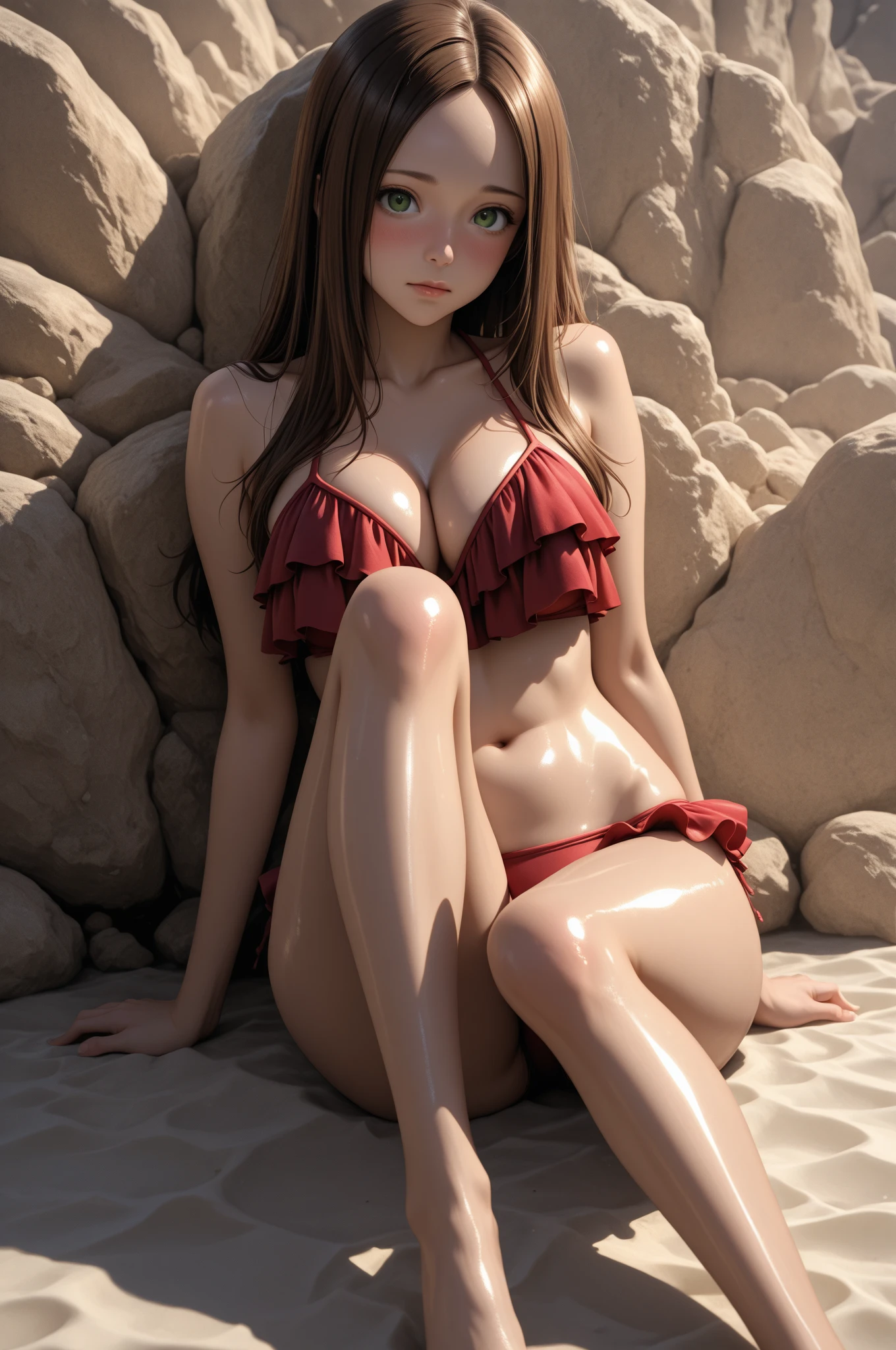 ((最high quality, 8K, masterpiece: 1.3, Ultra HD, high quality, 最high quality, High resolution, realism)) 、25-year-old Caucasian female、blue eyes、long hair、smile、slender、slenderだがアスリートのような細マッチョ、I want my head to stay off screen、Wear accessories on your wrist、Wearing red nail polish、I have a peticure、aerial perspective((atmospheric perspective))、smile((smiley))、background blur((depth of field)、crystal earrings((crystal earrings))、Dark Blonde、Double vertical roll((twin drills))、high neck（Swimwear）((high neck swimwear))wear、My abs have a six-pack、I can see the belly button、Mules((mule))Wear、At the private beach of a resort hotel、sit on the sand、relax((Relux))、Lying on a deck chair