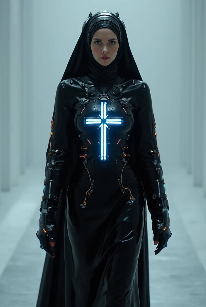ral-opal, meahophontron, full body, woman robot face, devil nun, , looking at camera, body nun clothes, red eyes, primer plano looking at camera, realist, beautifull woman,  face, black clothes, gray and red.