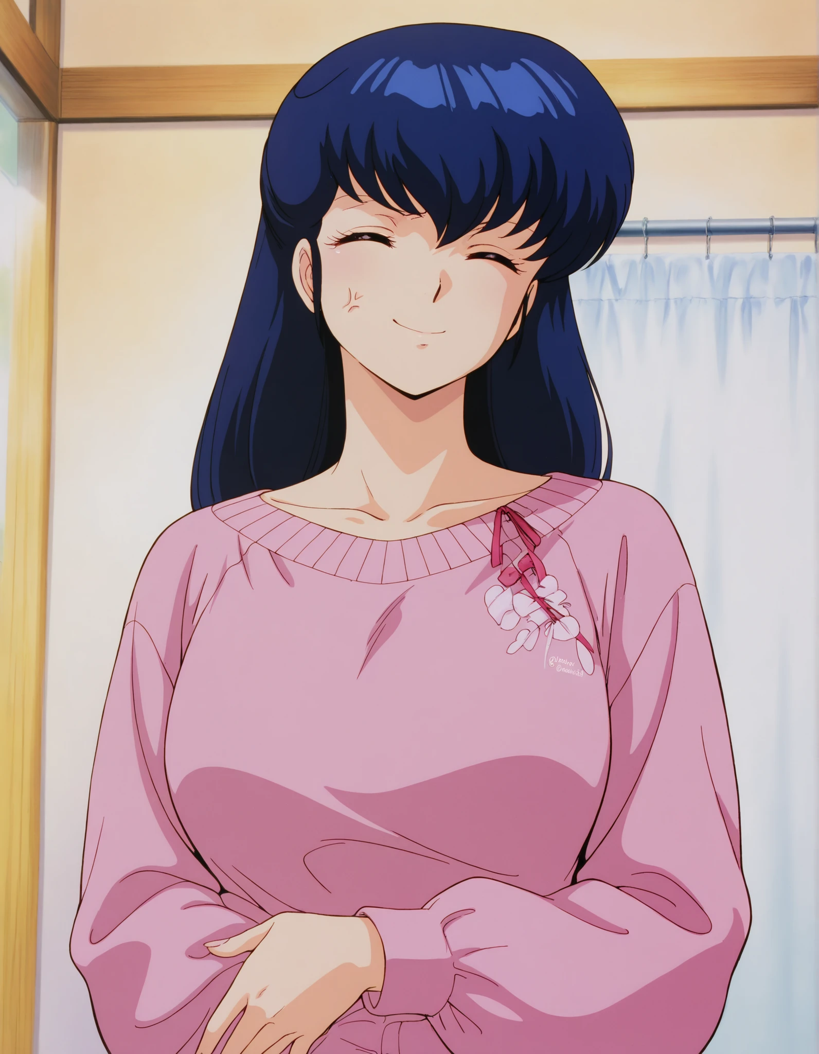 clean, {{scan}}, {{{masterpiece}}}, {{{high quality}}}, {{{animated}}}, anime colored, {{{official art}}}, perfect body, perfect face, extreme detail, perfect anatomy, intricate, (highly detailed), solo, 1girl ,(beautiful details:1.3), perfect eyes, perfect hands, masterpiece,best quality,amazing quality,、otonashi Kyoko, blue hair, long hair, , best quality , Good quality , ,Alone, ,, home clothes, A smile ,compassionate_ A smile , Eyes closed , Anger _ Vein , solo. Facing toward viewer