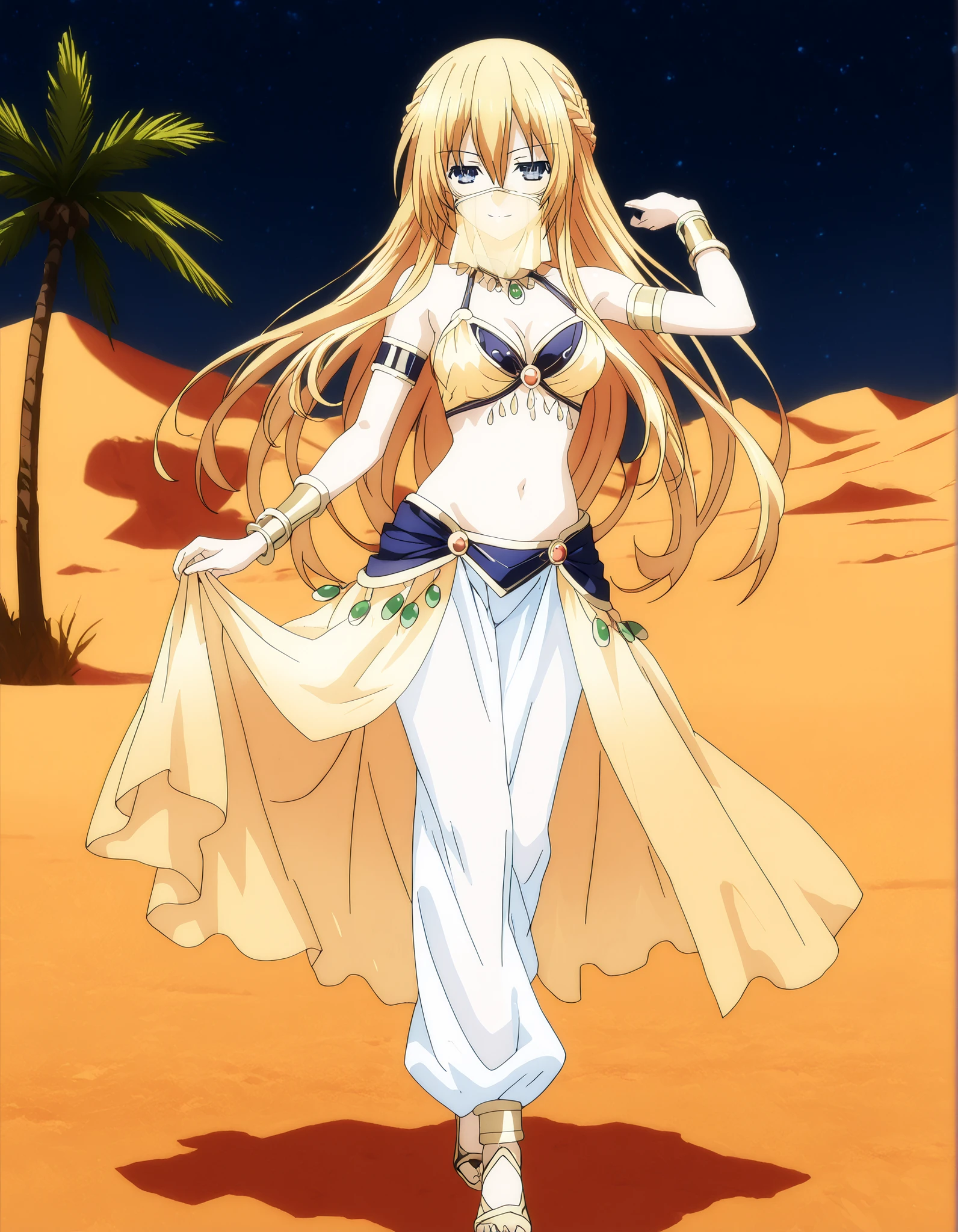 (1girl:1 . 5) , (Seul:1 . 5) , score_9 , score_8_haut , score_7_haut , source_anime , Official work , ultra-detailed , masterpiece , best quality , high resolution , beaux yeux , detailed eyes , Detailed face , beautiful detailed eyes,1girl,blonde_hair, blue eyes, long hair, sidelocks, hair between eyes, french braid,Date A Live,Artemisia Bell Ashcroft,Arabian Clothes , Arabian Dancer Outfit ,belly dancer costume,belly dancer outfit ,full body,golden jewelery,mouth veil,armlet, belly dancing,night,desert lands,palm tree,seductive smile, dancing with veil, dynamic movement,dance posture, seductive pose