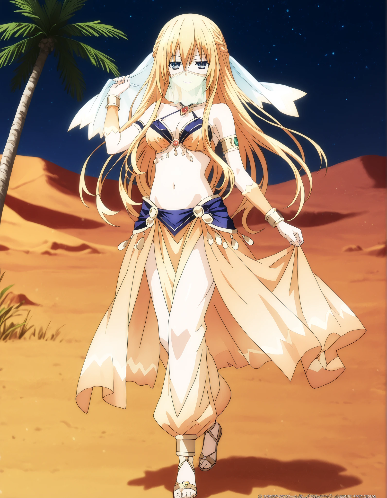 (1girl:1 . 5) , (Seul:1 . 5) , score_9 , score_8_haut , score_7_haut , source_anime , Official work , ultra-detailed , masterpiece , best quality , high resolution , beaux yeux , detailed eyes , Detailed face , beautiful detailed eyes,1girl,blonde_hair, blue eyes, long hair, sidelocks, hair between eyes, french braid,Date A Live,Artemisia Bell Ashcroft,Arabian Clothes , Arabian Dancer Outfit ,belly dancer costume,belly dancer outfit ,full body,golden jewelery,mouth veil,armlet, belly dancing,night,desert lands,palm tree,seductive smile, dancing with veil, dynamic movement,dance posture, seductive pose