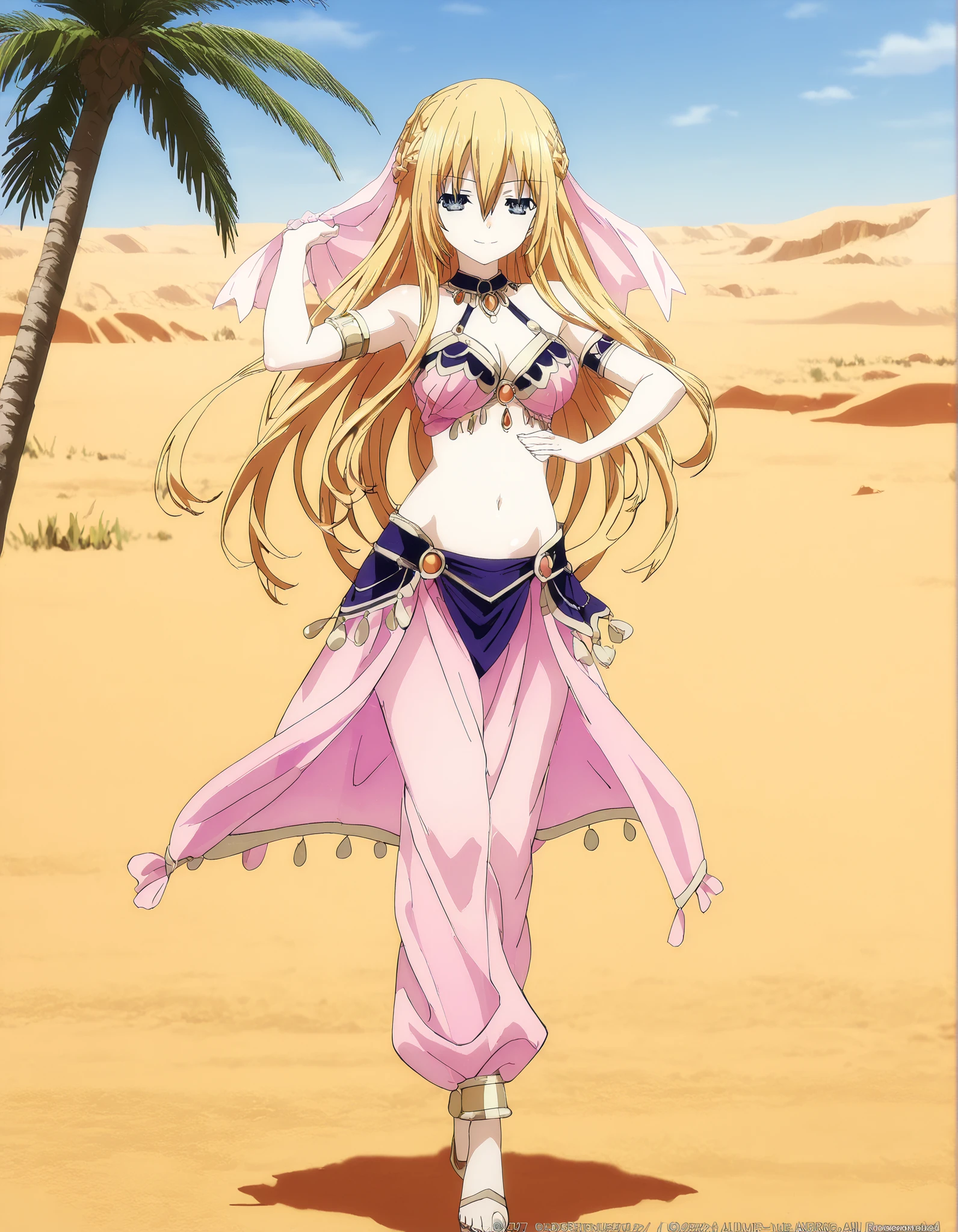 (1girl:1 . 5) , (Seul:1 . 5) , score_9 , score_8_haut , score_7_haut , source_anime , Official work , ultra-detailed , masterpiece , best quality , high resolution , beaux yeux , detailed eyes , Detailed face , beautiful detailed eyes,1girl,blonde_hair, blue eyes, long hair, sidelocks, hair between eyes, french braid,Date A Live,Artemisia Bell Ashcroft,Arabian Clothes , Arabian Dancer Outfit ,belly dancer costume,belly dancer outfit ,full body,golden jewelery,armlet, belly dancing,desert lands,palm tree,seductive smile, dancing with veil, dynamic movement,dance posture, seductive pose