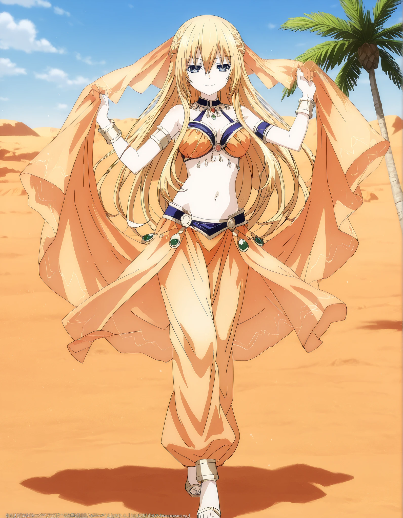 (1girl:1 . 5) , (Seul:1 . 5) , score_9 , score_8_haut , score_7_haut , source_anime , Official work , ultra-detailed , masterpiece , best quality , high resolution , beaux yeux , detailed eyes , Detailed face , beautiful detailed eyes,1girl,blonde_hair, blue eyes, long hair, sidelocks, hair between eyes, french braid,Date A Live,Artemisia Bell Ashcroft,Arabian Clothes , Arabian Dancer Outfit ,belly dancer costume,belly dancer outfit ,full body,golden jewelery,armlet, belly dancing,desert lands,palm tree,seductive smile, dancing with veil, dynamic movement,dance posture, seductive pose