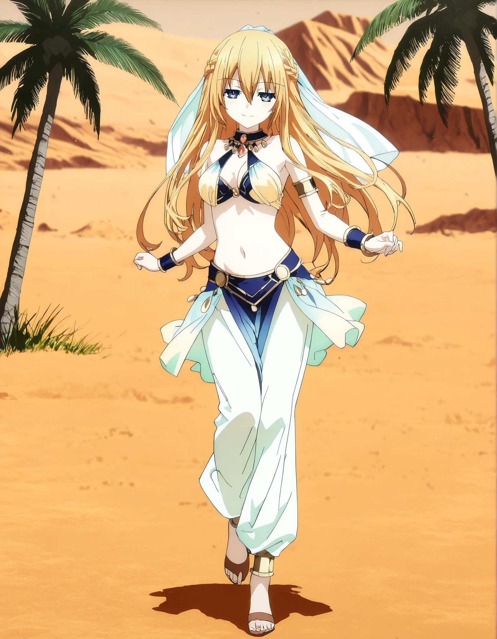 (1girl:1 . 5) , (Seul:1 . 5) , score_9 , score_8_haut , score_7_haut , source_anime , Official work , ultra-detailed , masterpiece , best quality , high resolution , beaux yeux , detailed eyes , Detailed face , beautiful detailed eyes,1girl,blonde_hair, blue eyes, long hair, sidelocks, hair between eyes, french braid,Date A Live,Artemisia Bell Ashcroft,Arabian Clothes , Arabian Dancer Outfit ,belly dancer costume,belly dancer outfit ,full body,golden jewelery,armlet, belly dancing,desert lands,palm tree,seductive smile, dancing with veil, dynamic movement,dance posture, seductive pose