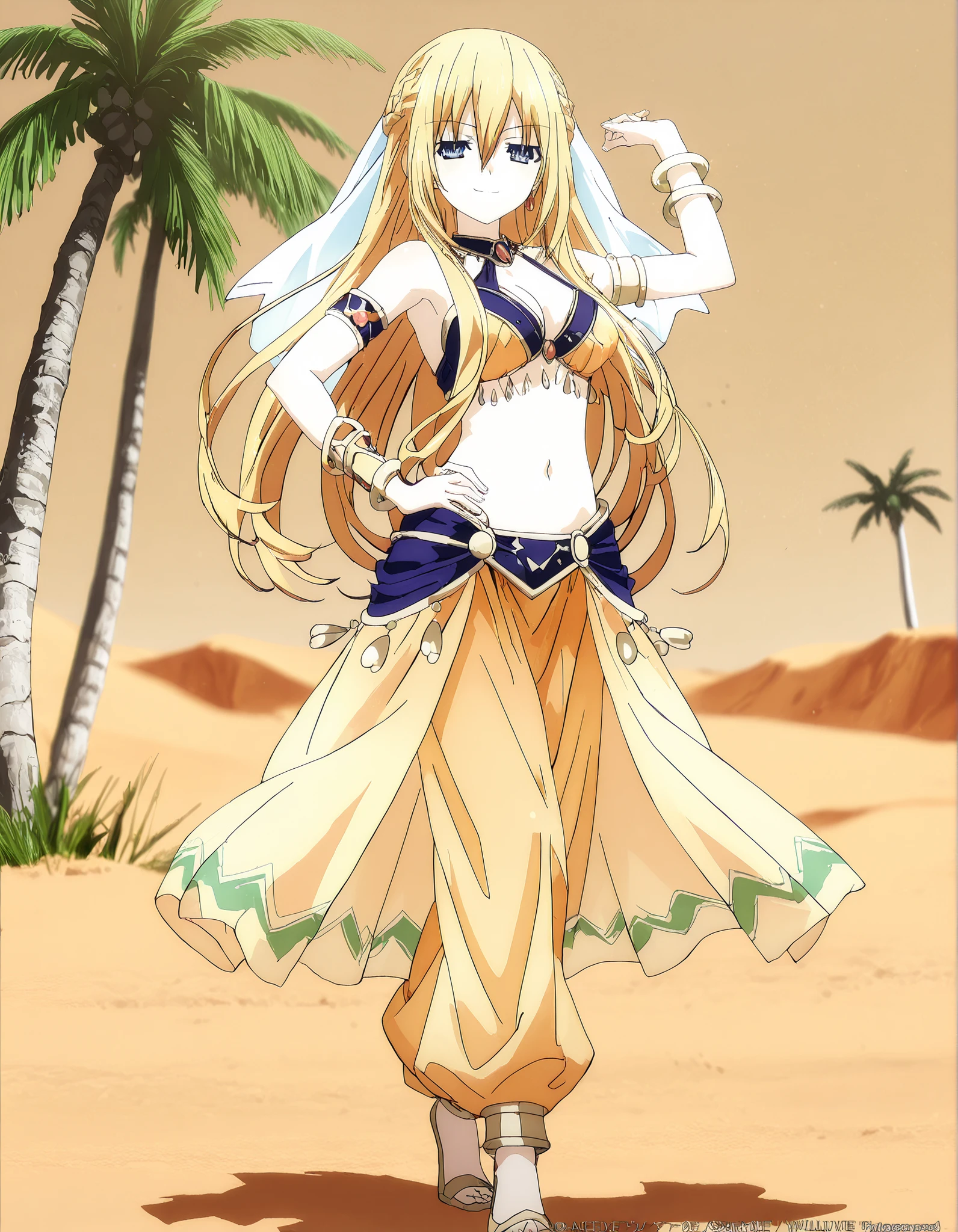 (1girl:1 . 5) , (Seul:1 . 5) , score_9 , score_8_haut , score_7_haut , source_anime , Official work , ultra-detailed , masterpiece , best quality , high resolution , beaux yeux , detailed eyes , Detailed face , beautiful detailed eyes,1girl,blonde_hair, blue eyes, long hair, sidelocks, hair between eyes, french braid,Date A Live,Artemisia Bell Ashcroft,Arabian Clothes , Arabian Dancer Outfit ,belly dancer costume,belly dancer outfit ,full body,golden jewelery,armlet, belly dancing,desert lands,palm tree,seductive smile, dancing with veil, dynamic movement,dance posture, seductive pose