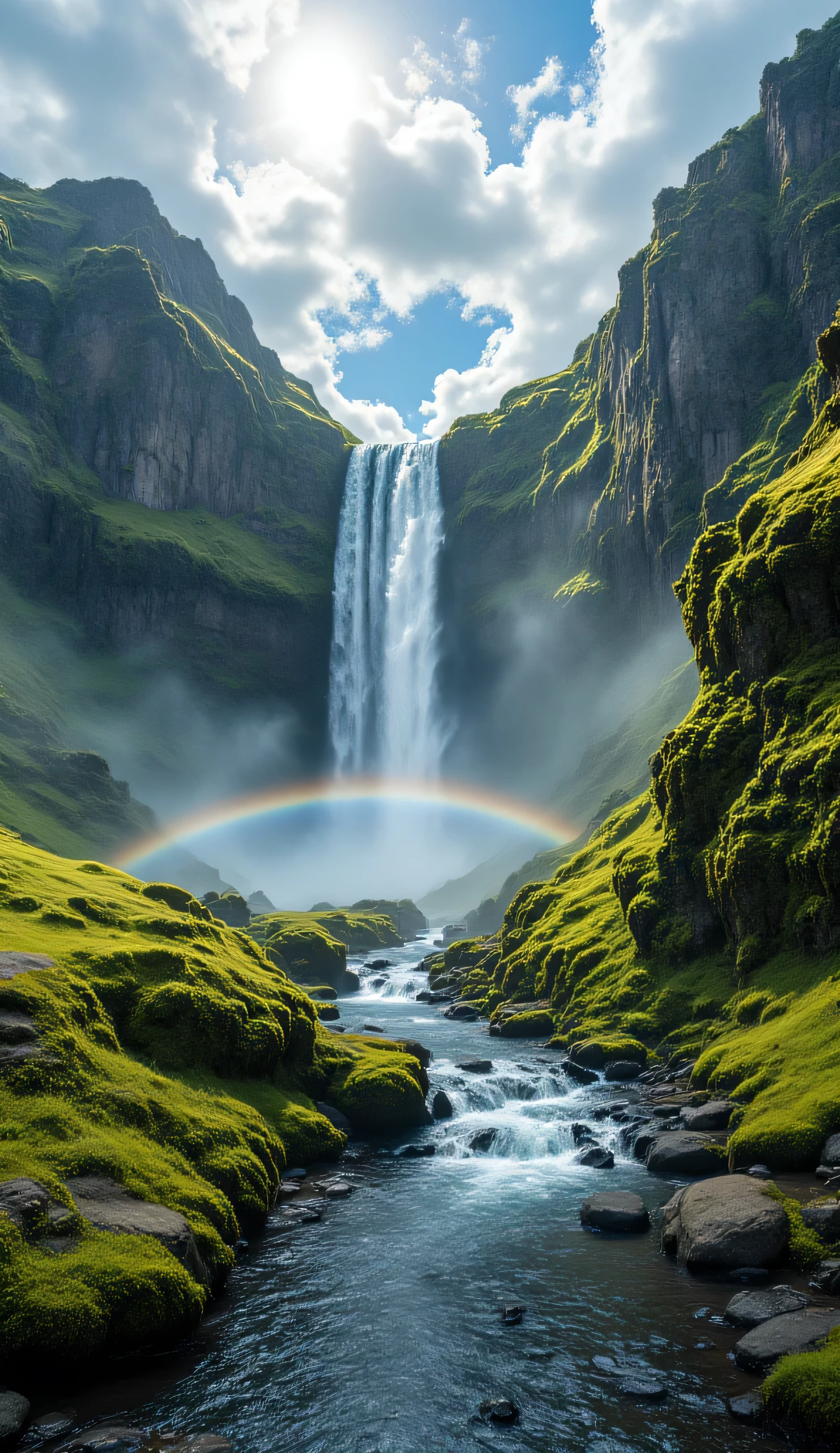 A breathtaking Icelandic waterfall cascading down rugged volcanic cliffs, surrounded by lush green moss and jagged rock formations. Mist rises from the base as water crashes into a crystal-clear pool, creating a soft rainbow in the spray. The sky above is partly cloudy, sunlight breaking through to illuminate the waterfall and surrounding cliffs in dynamic, cinematic light. Small streams trickle along the rocks, reflecting the vivid greens and earthy tones of the moss and stones. The scene is captured in ultra-realistic 8K detail, highlighting the textures of the water, rocks, and moss, with perfect focus throughout the depth of field. DSLR, HDR, Realistic, vivid color, natural beauty