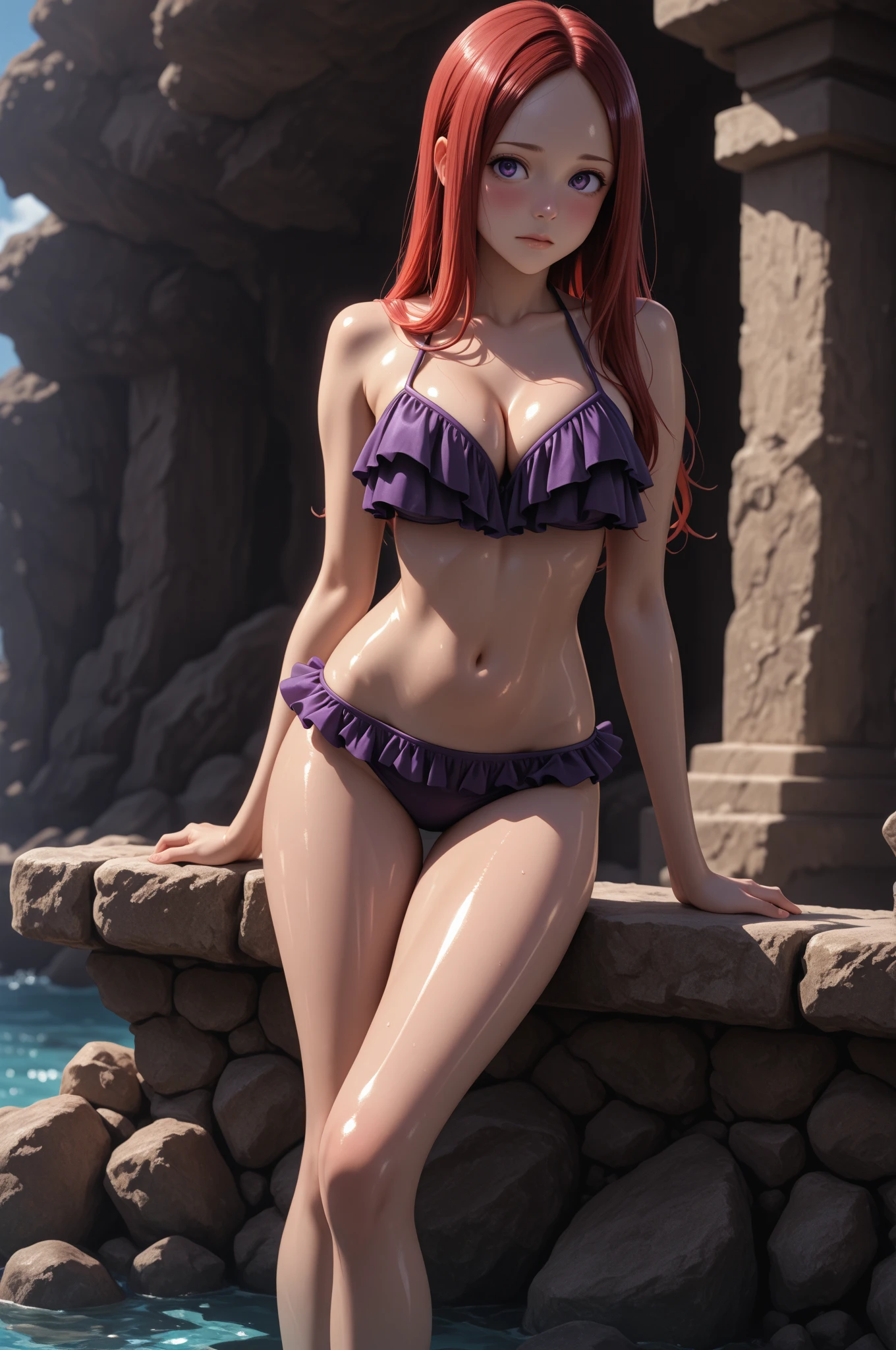 One young girl、Loli、very cute face, Wearing a  swimsuit、Near the sea、(seductive look:1.6), redhead, black eye, kneeling, ( pose:1.6), (skinny:1.5), (thin legs:1.5), (skinny :1.5), (Small  size:1.5), (back to the viewer:1.4), legs spread, correct body proportions, (detailed face:1.6)