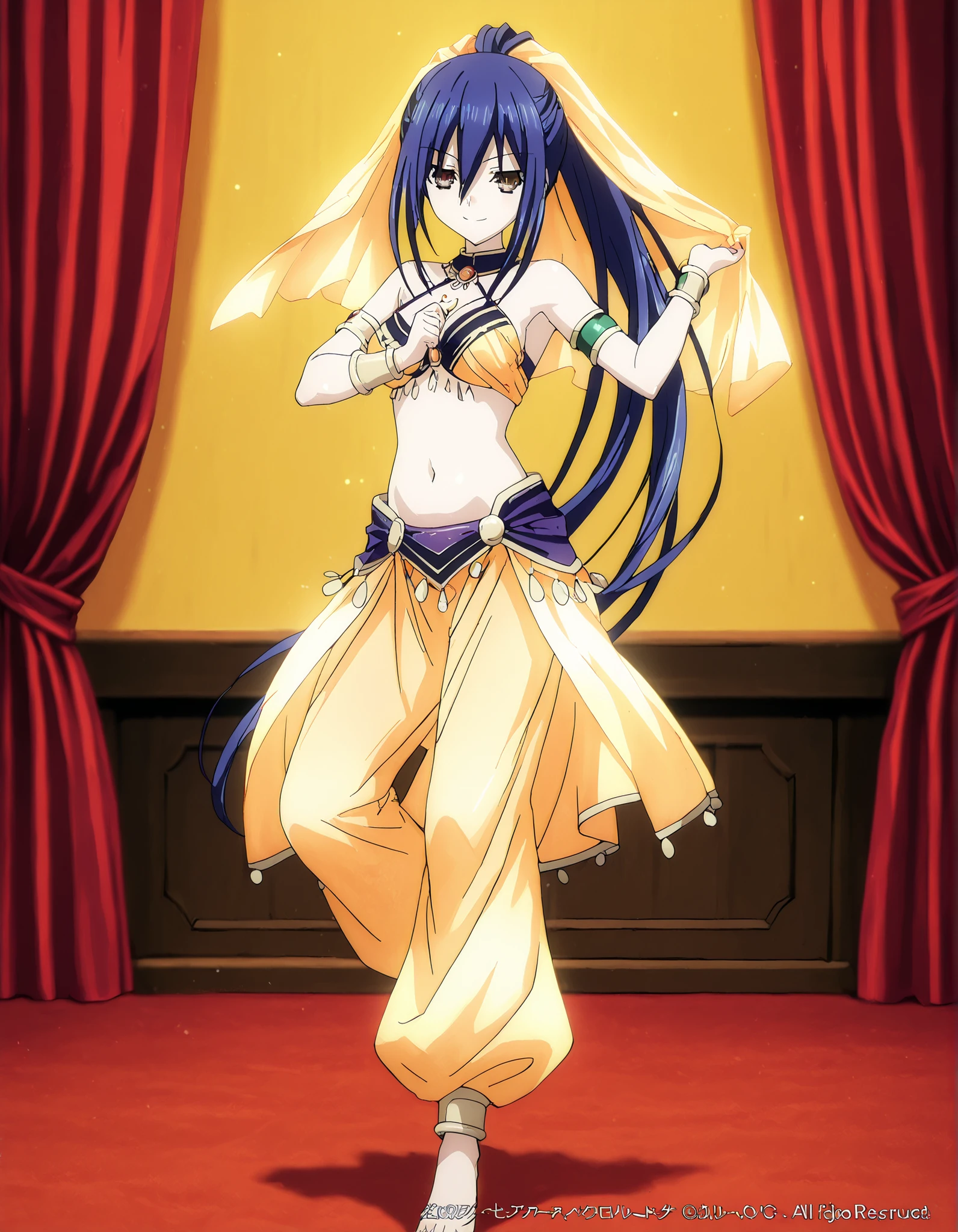 (1girl:1 . 5) , (Seul:1 . 5) , score_9 , score_8_haut , score_7_haut , source_anime , Official work  , ultra-detailed , masterpiece , best quality , high resolution , beaux yeux , detailed eyes , Detailed face , beautiful detailed eyes,1girl,long hair, hair between eyes, brown eyes, blue hair, ponytail, sidelocks,Date A Live,Mana Takamiya,Arabian Clothes , Arabian Dancer Outfit ,belly dancer costume,belly dancer outfit ,full body,golden jewelery,armlet, belly dancing,arabian theater,seductive smile, dancing with veil, dynamic movement,dance posture, seductive pose