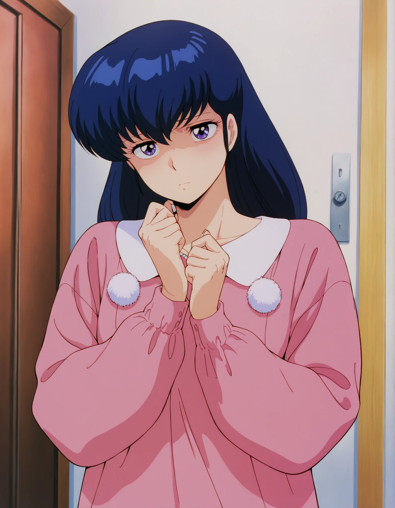 clean, {{scan}}, {{{masterpiece}}}, {{{high quality}}}, {{{animated}}}, anime colored, {{{official art}}}, perfect body, perfect face, extreme detail, perfect anatomy, intricate, (highly detailed), solo, 1girl ,(beautiful details:1.3), perfect eyes, perfect hands, masterpiece,best quality,amazing quality,、otonashi Kyoko, blue hair, long hair,  ,  best quality ,  Good quality   , ,Alone, ,, home clothes, A annoying ,compassionate_  , sad Eyes blue shinny , cute _  jealous  , solo. Facing toward viewer, pom 